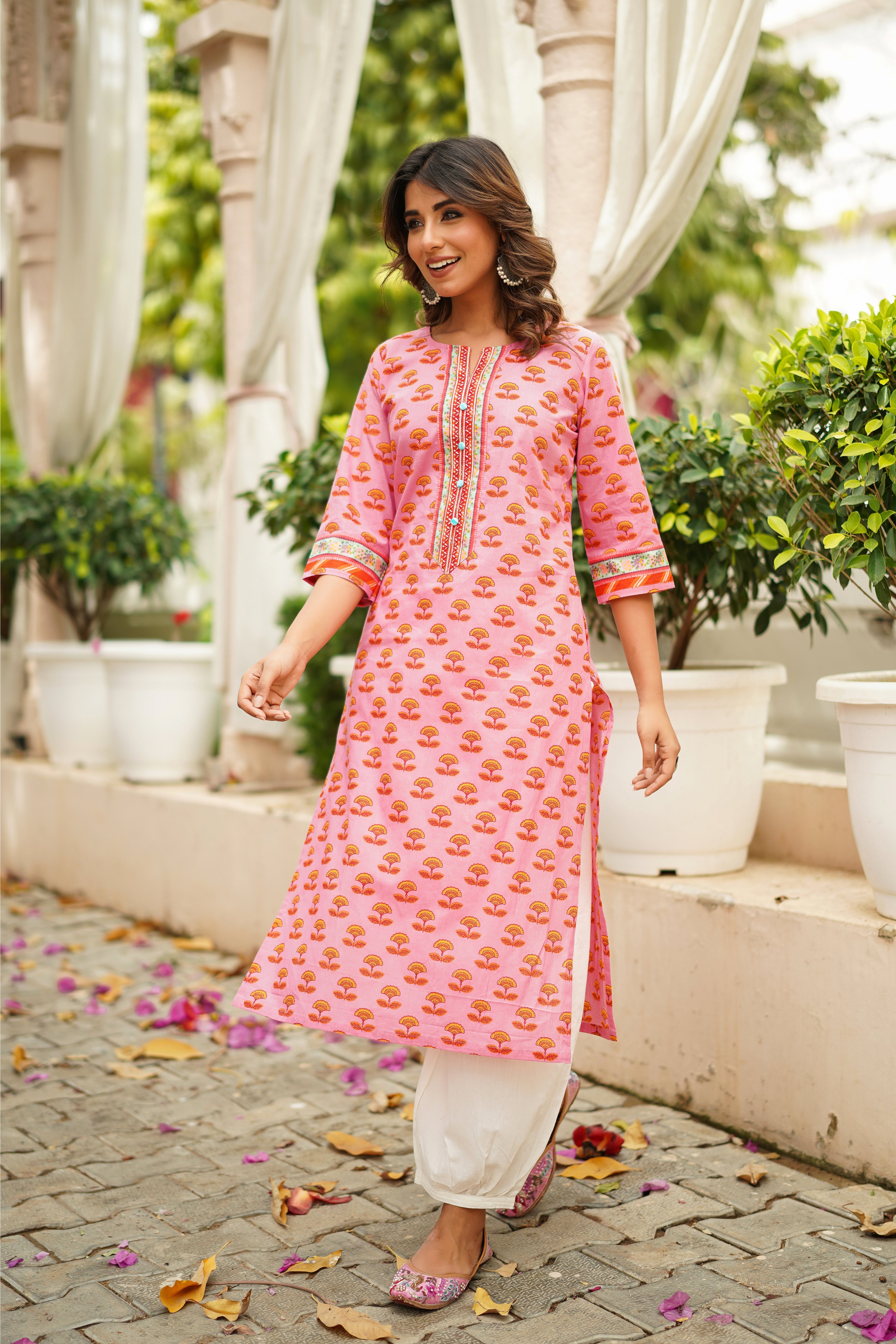 Pink Motif Printed Cotton Kurta