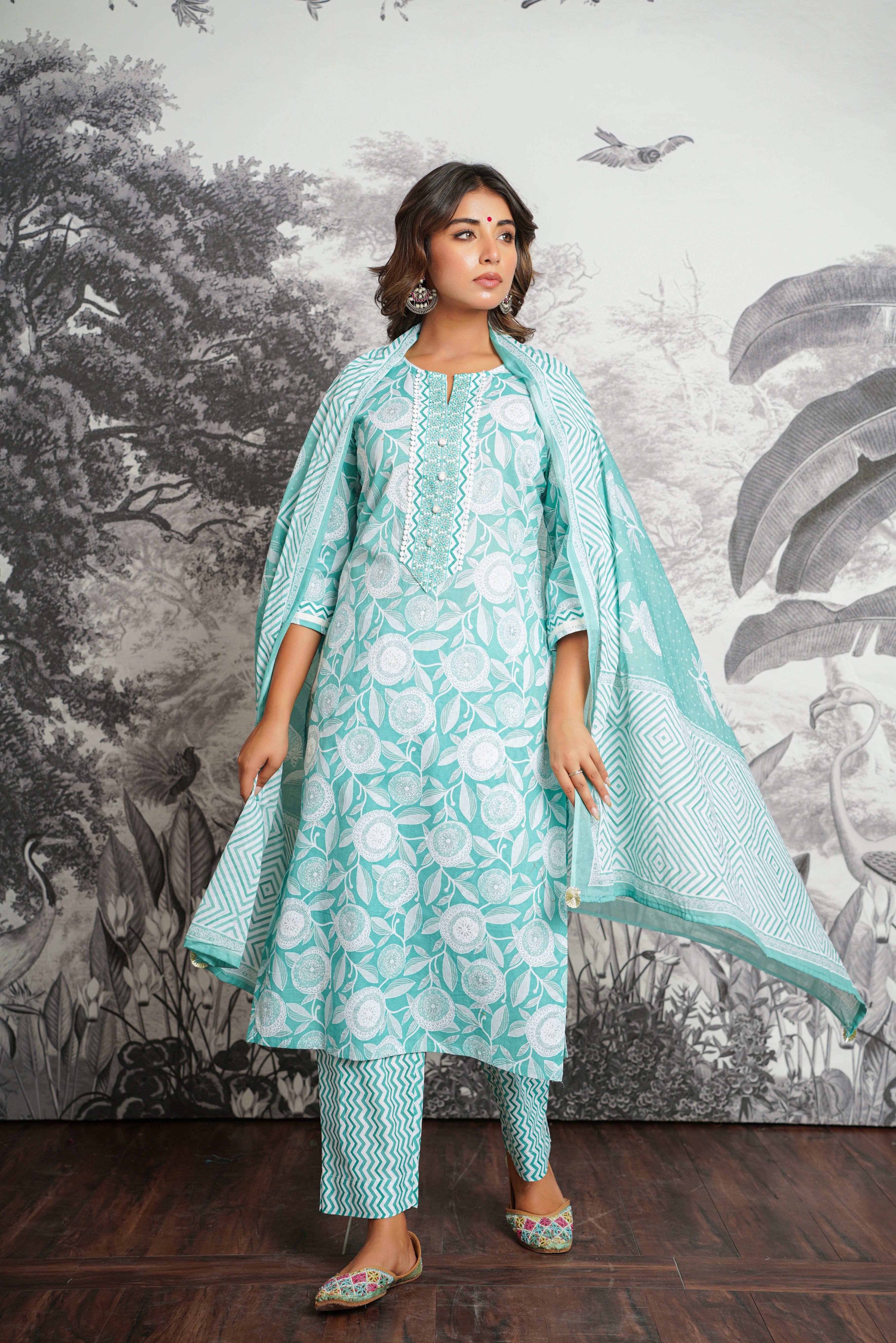 Turquoise Floral Printed Cotton Suit Set