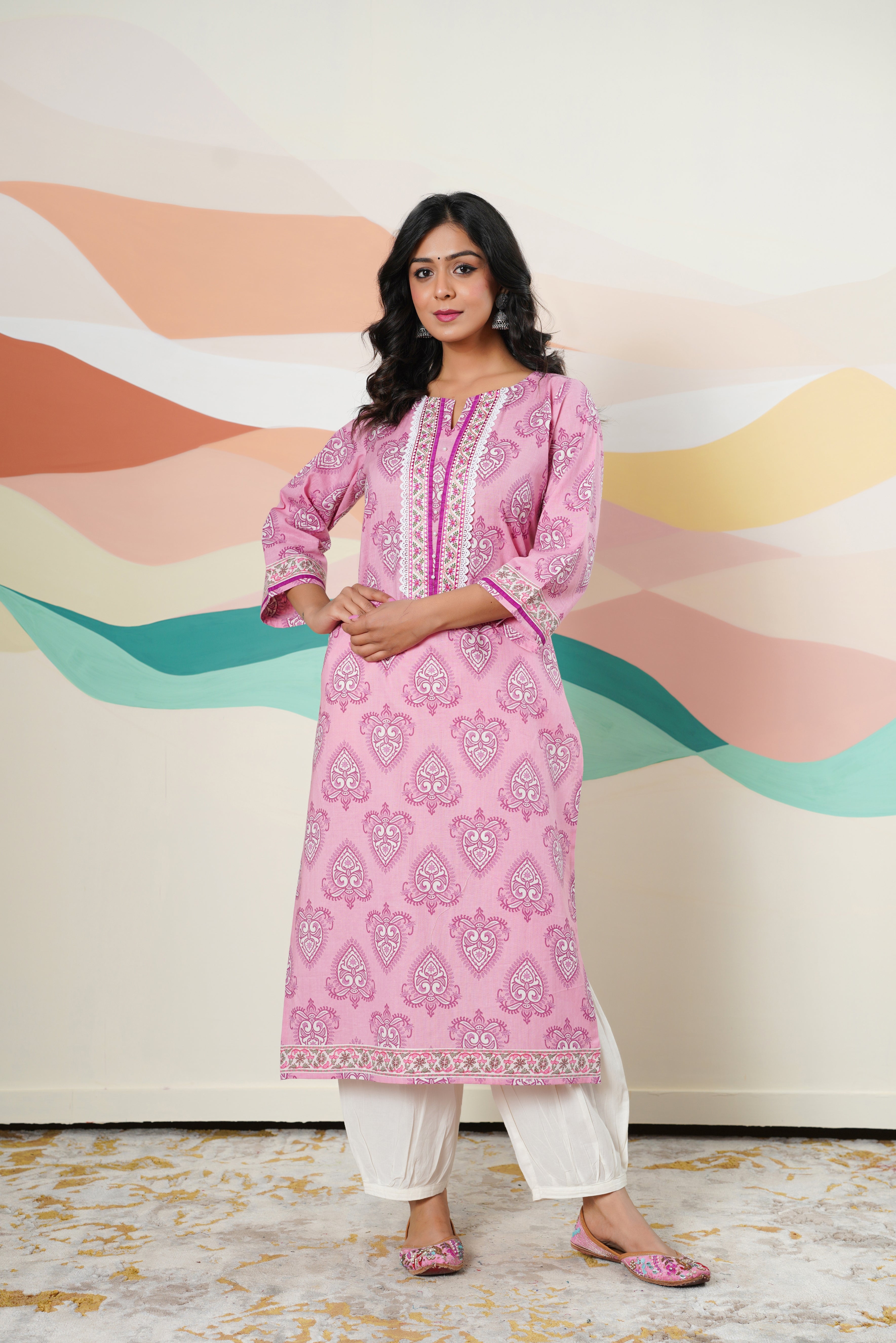 Pink Motif Printed Cotton Kurta