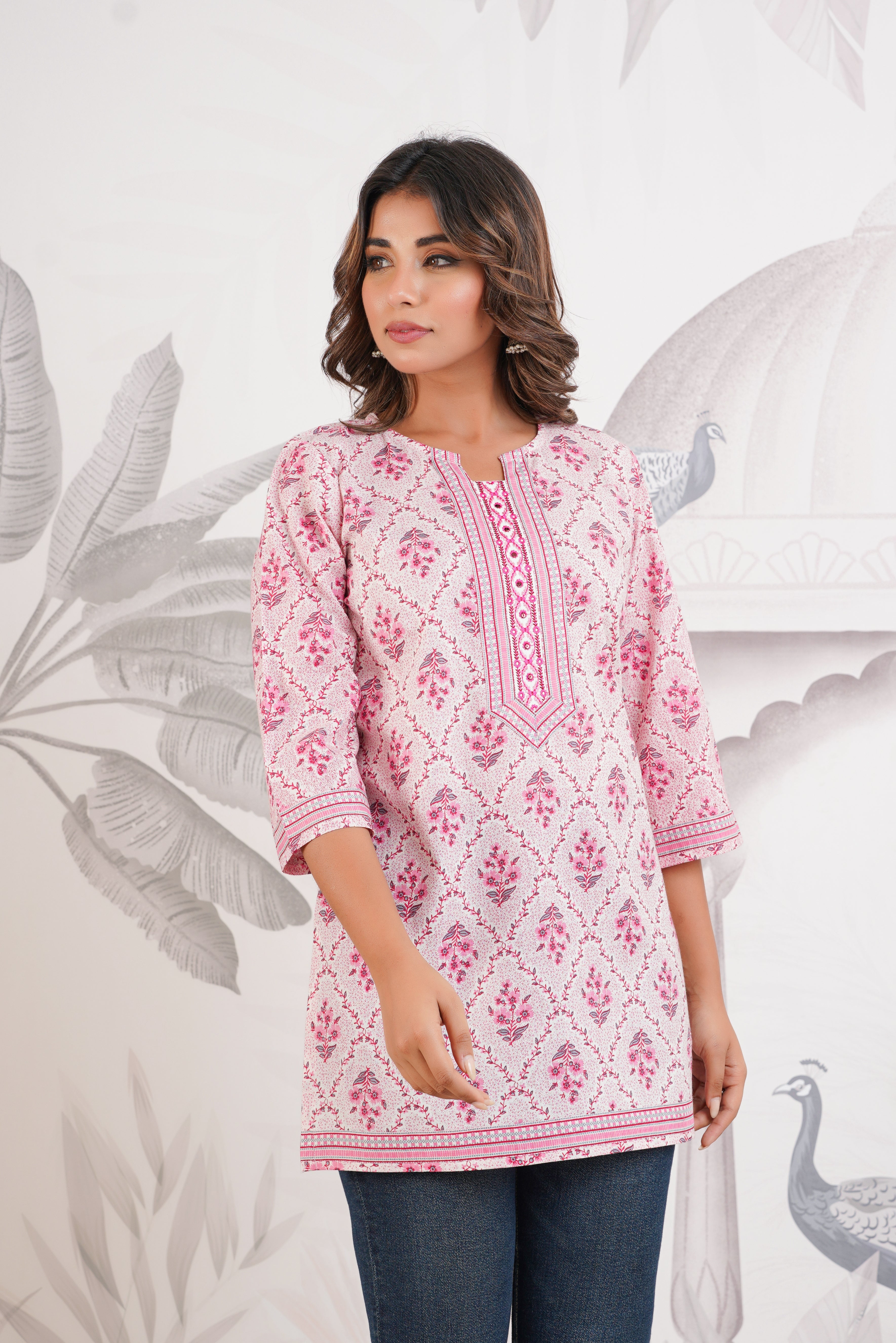 Pink Floral Printed Cotton Kurti