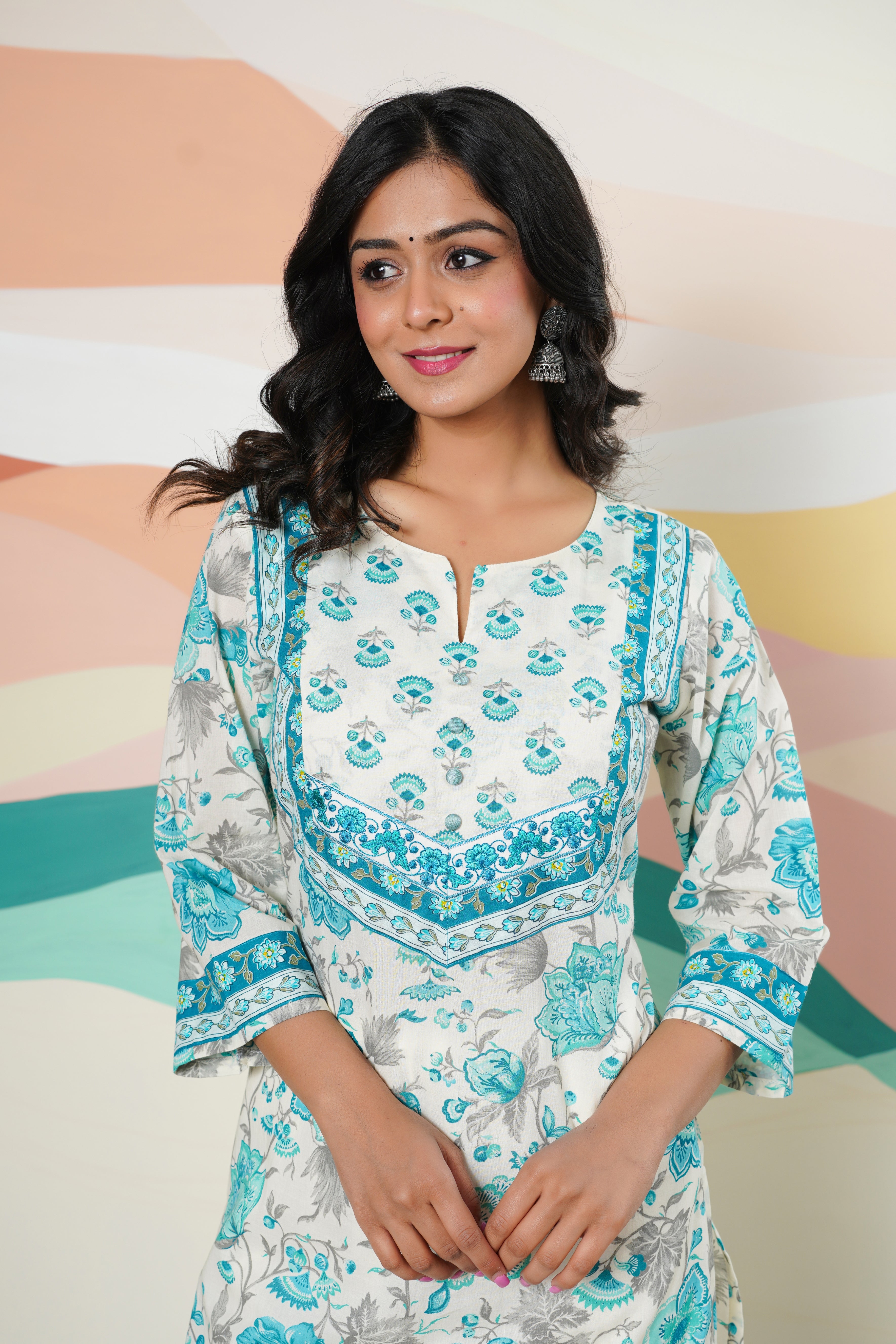 Turquoise Floral Printed Cotton Kurta