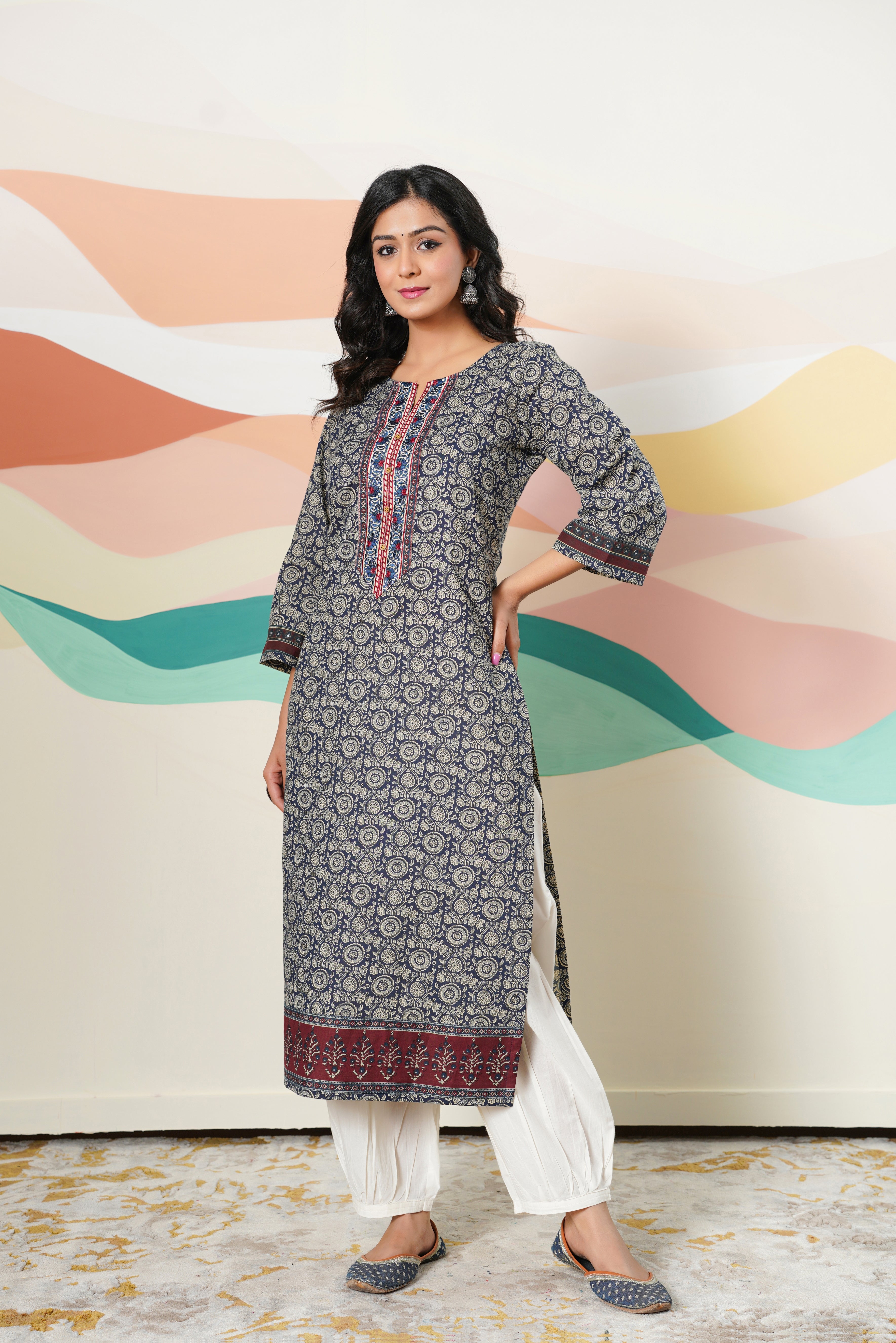 Blue Motif Printed Cotton Kurta