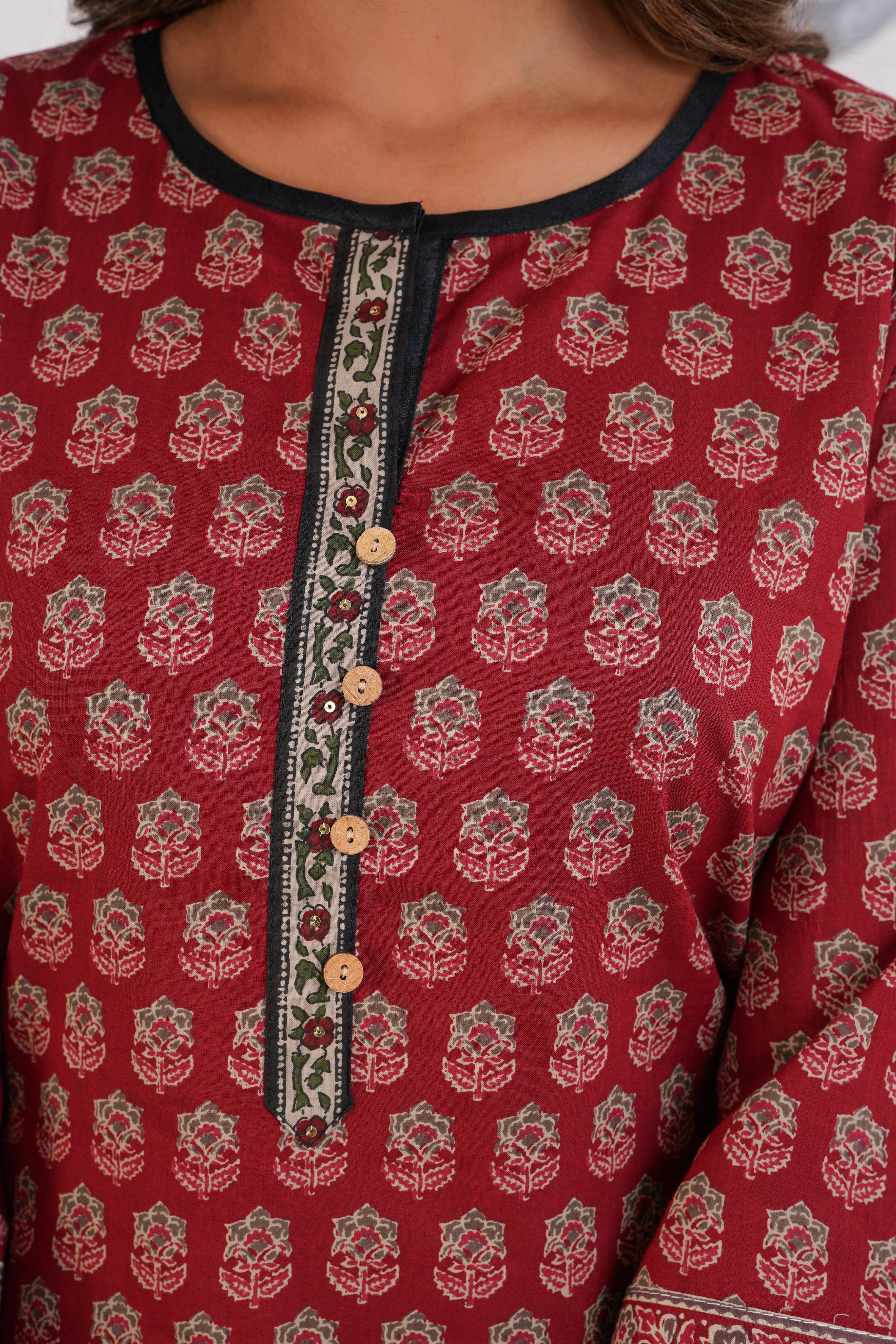 Maroon Motif Printed Cotton Kurti