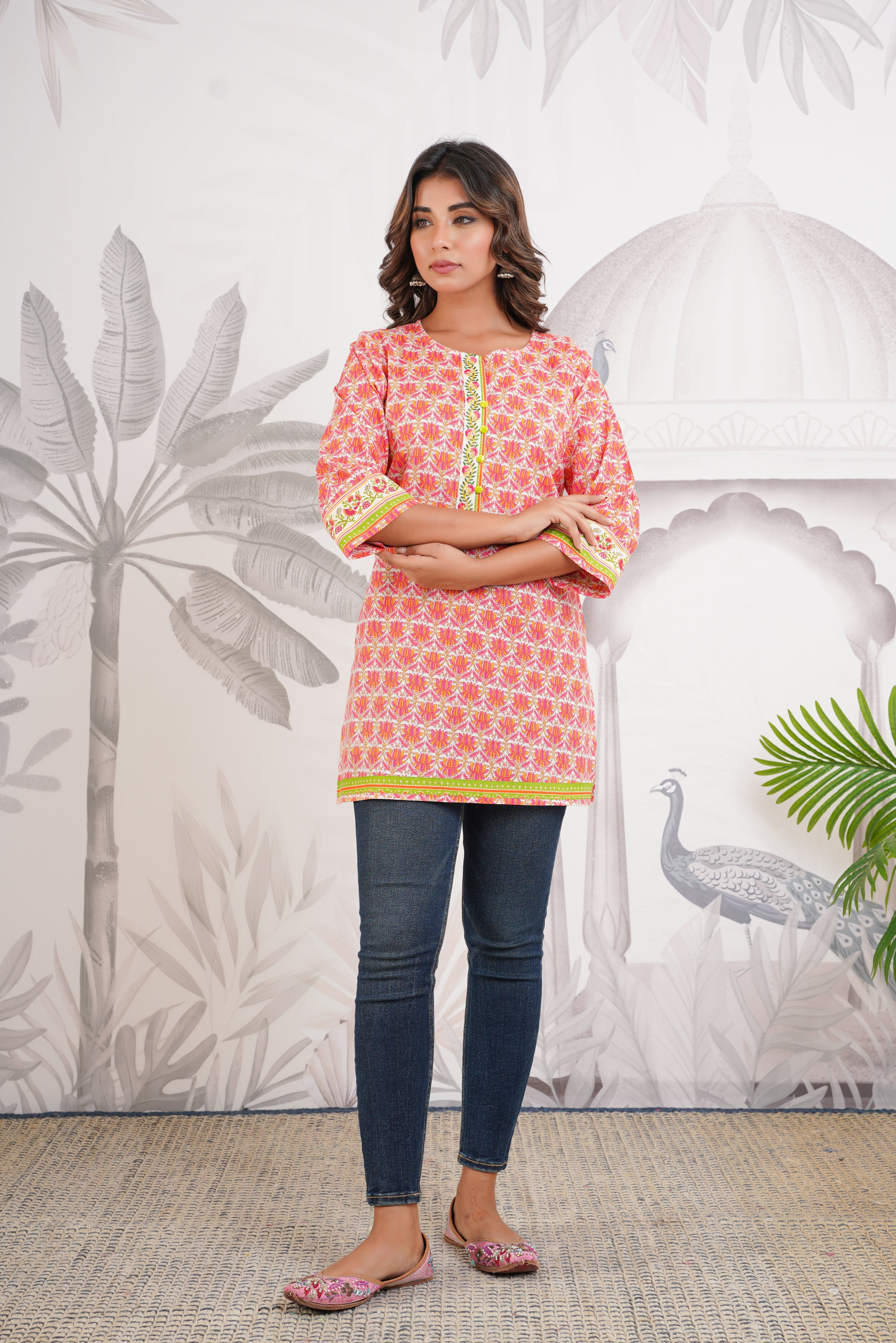 Orange Floral Printed Cotton Kurti