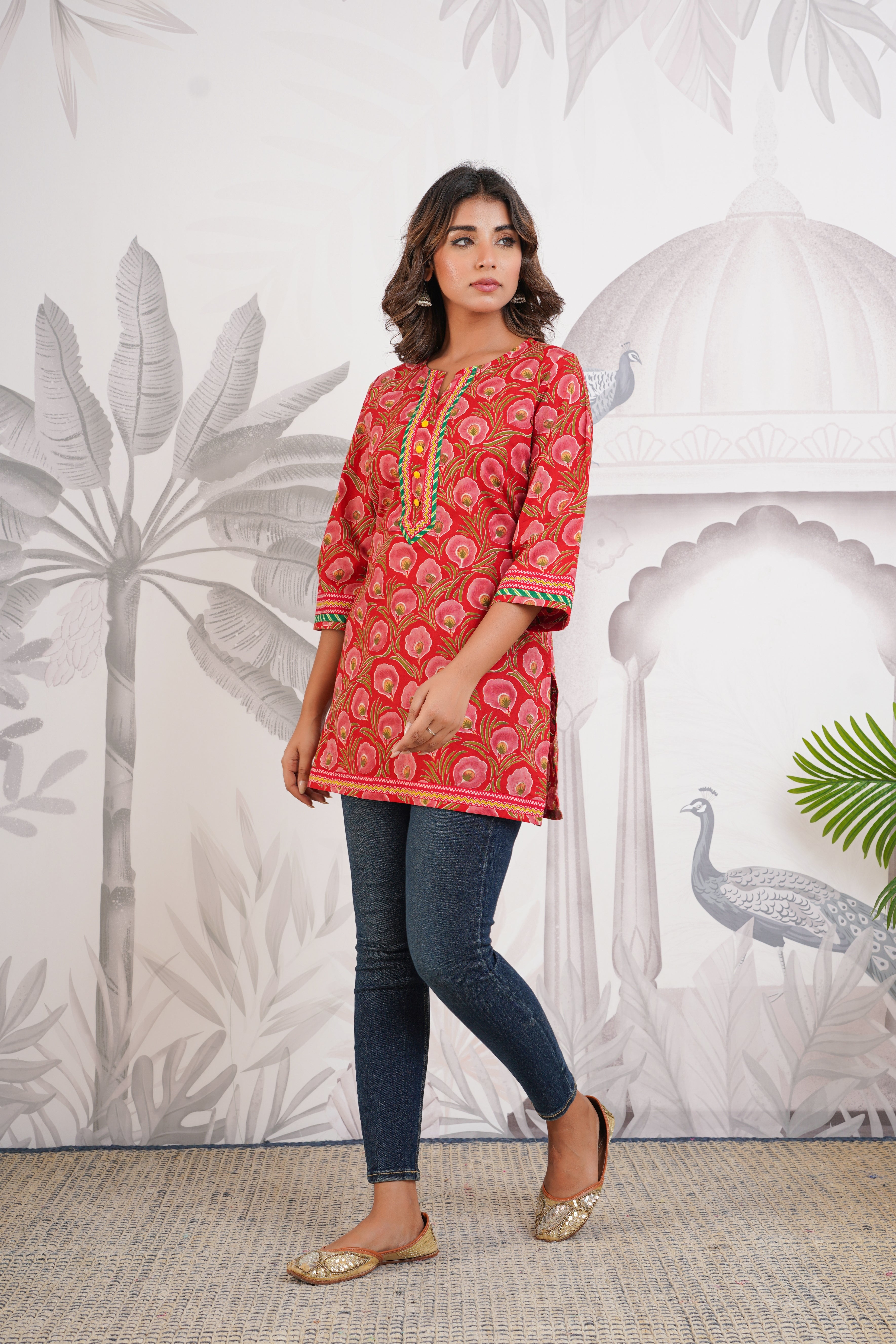 Red Floral Printed Cotton Kurti