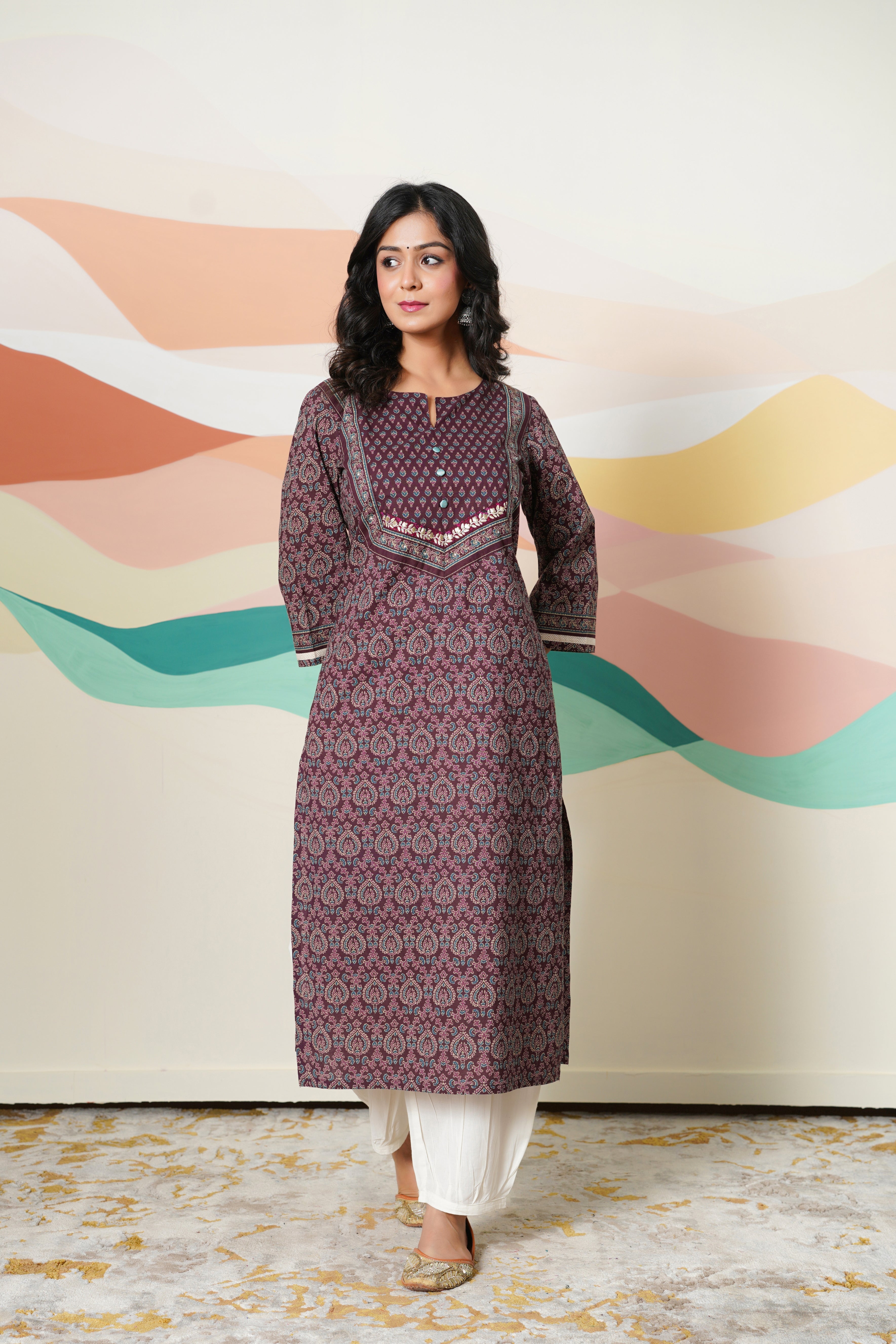 Wine Motif Printed Cotton Kurta