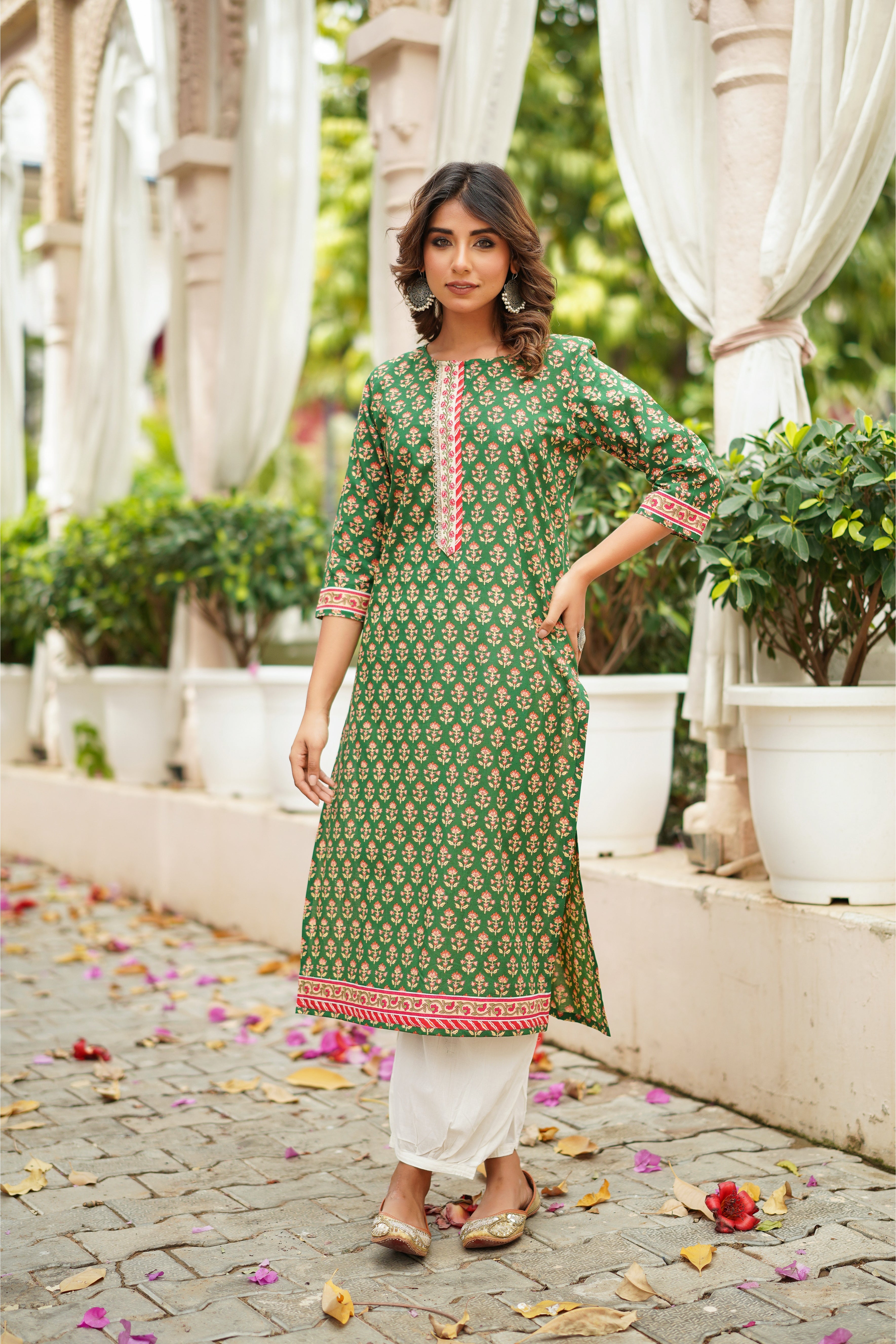 Green Motif Printed Cotton Kurta