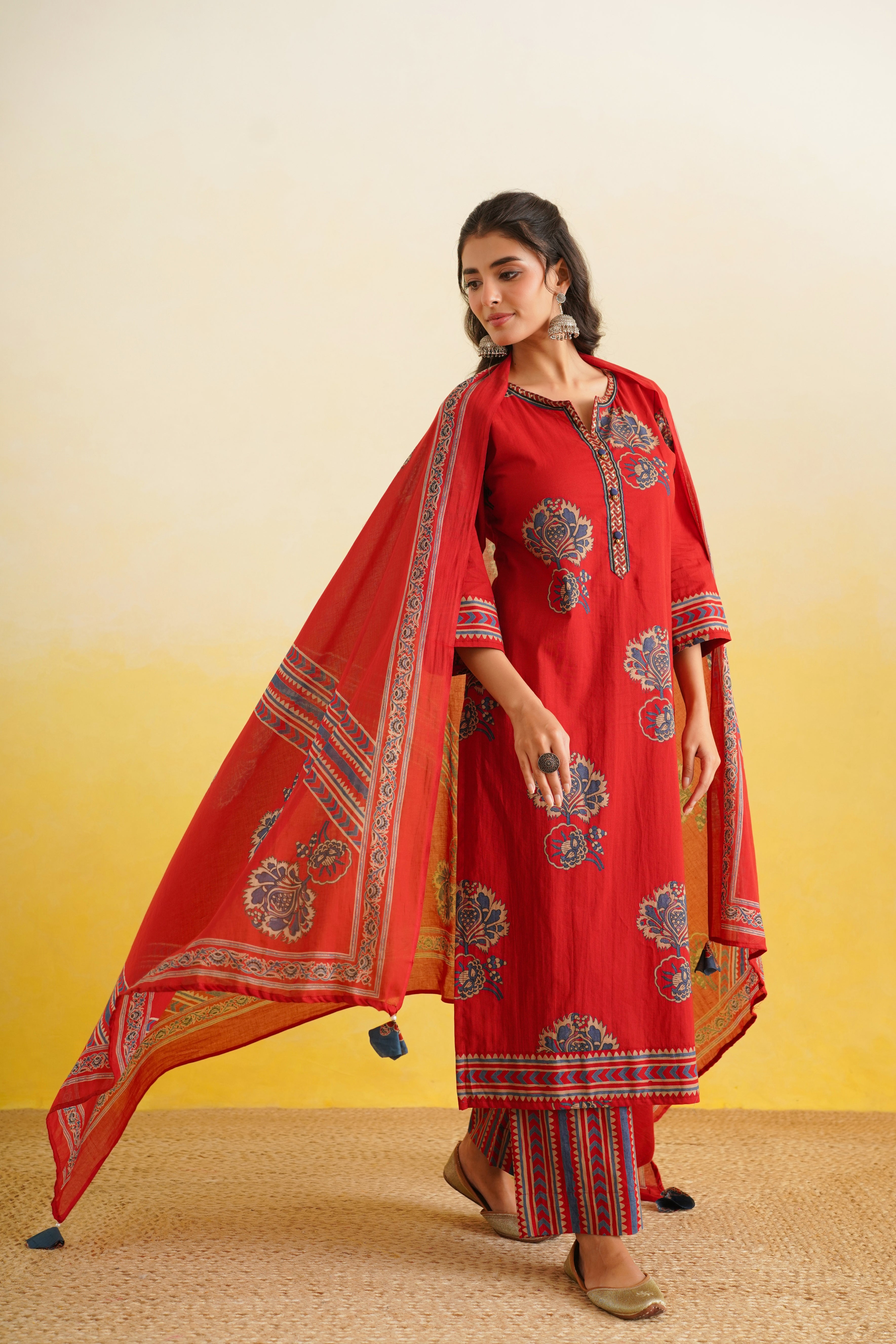 Maroon Motif Printed Cotton Suit Set