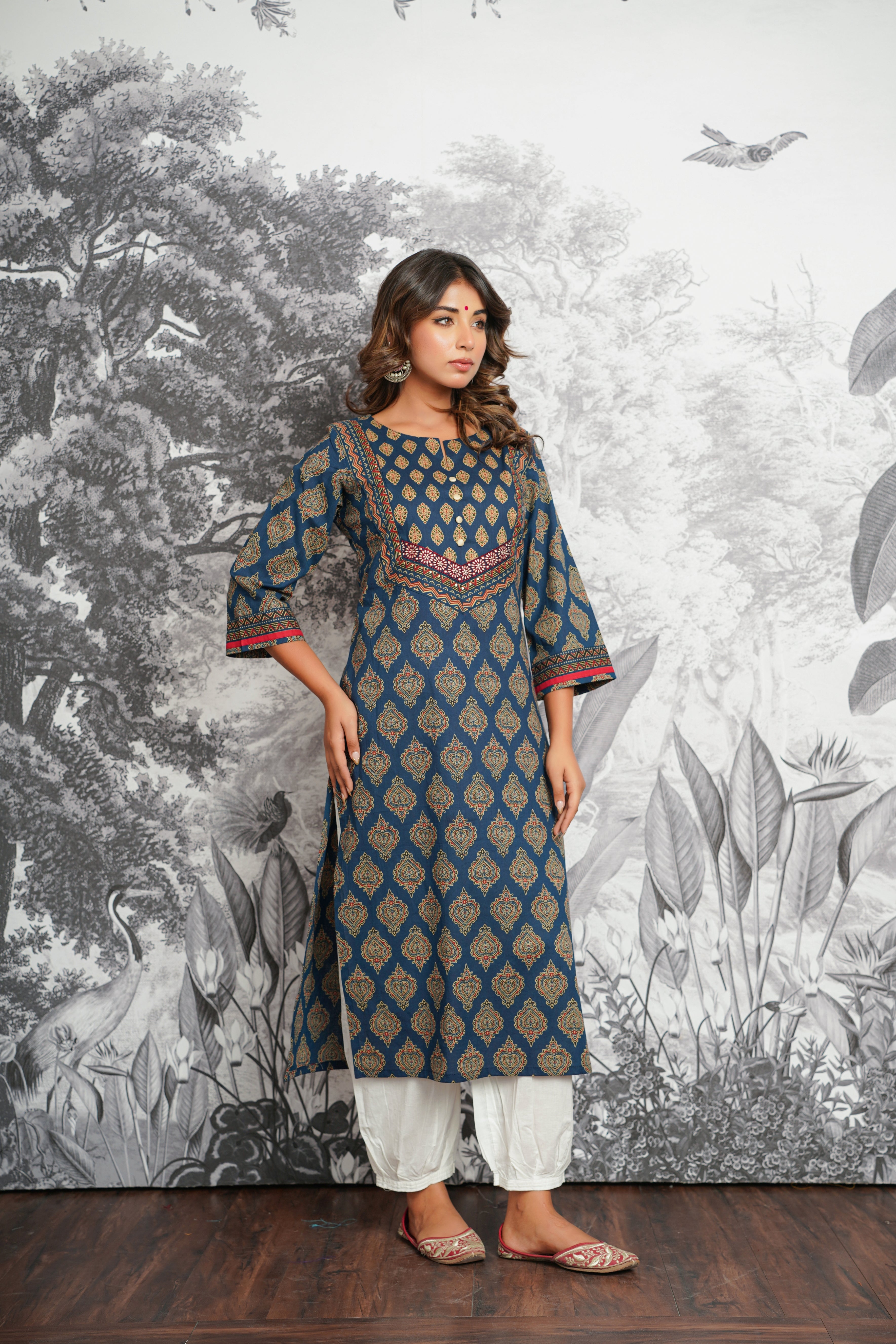 Blue Motif Printed Cotton Kurta