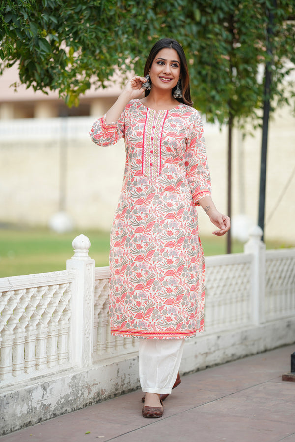 Peach Floral Printed Cotton Kurta