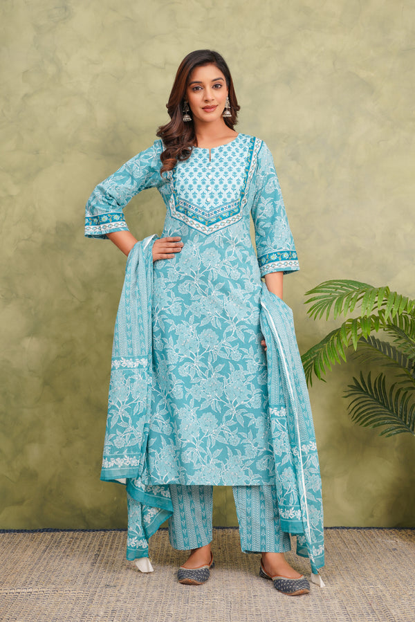 Blue Floral Printed Cotton Suit Set