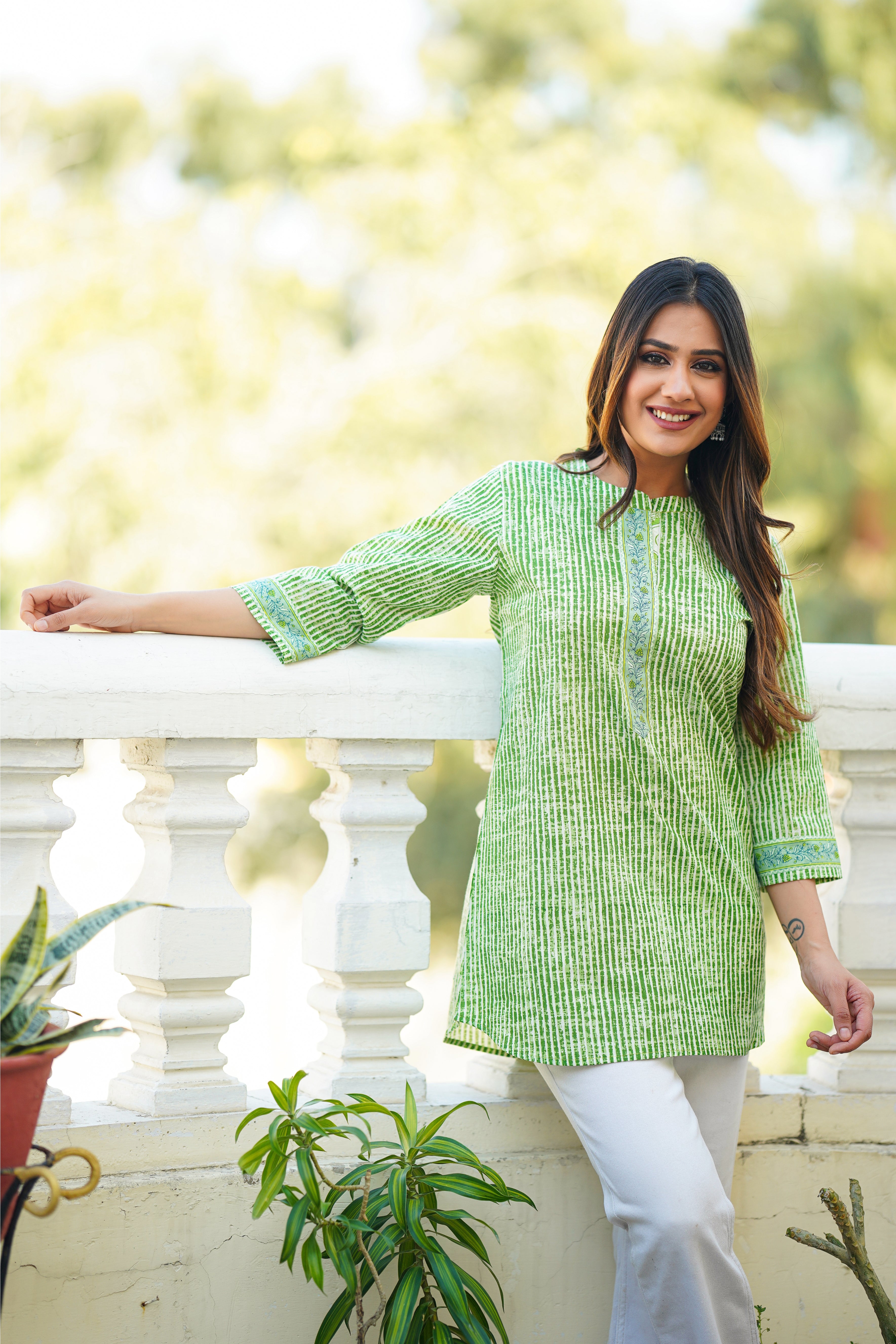 Green Stripe Printed Cotton Top