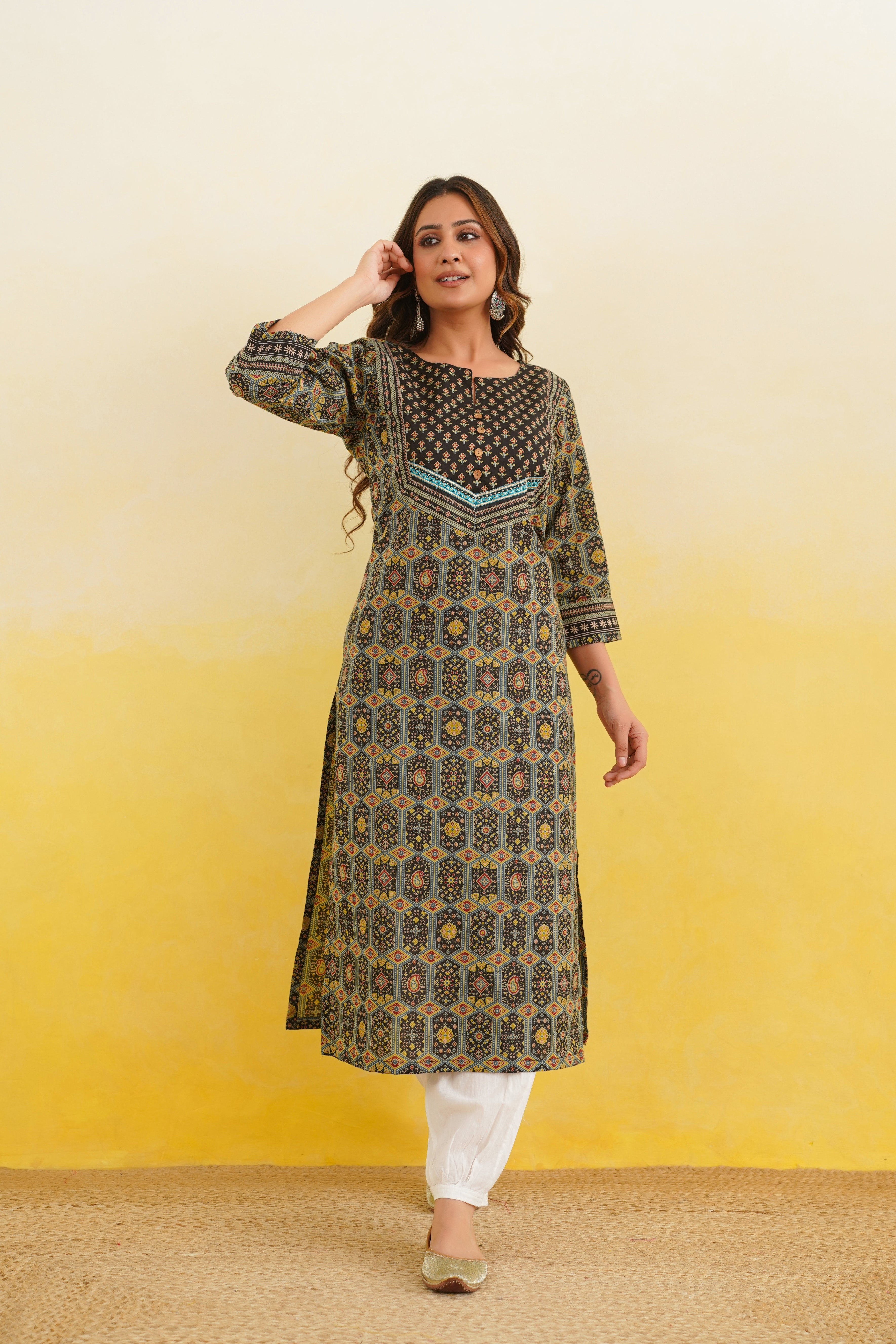 Black Geometric Printed Cotton Kurta