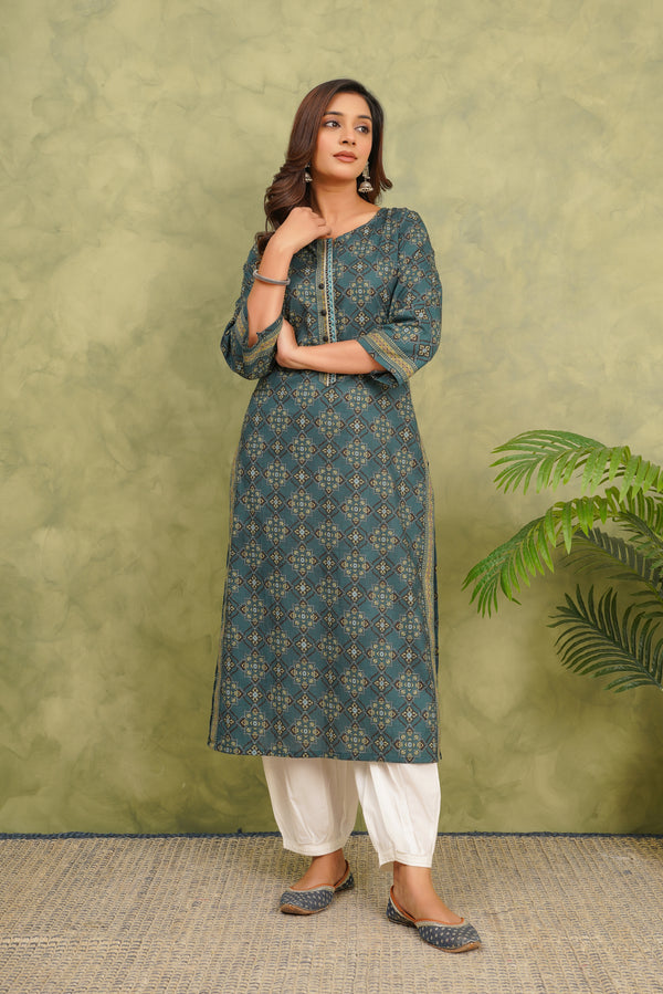 Green Geometric Printed Cotton Kurta