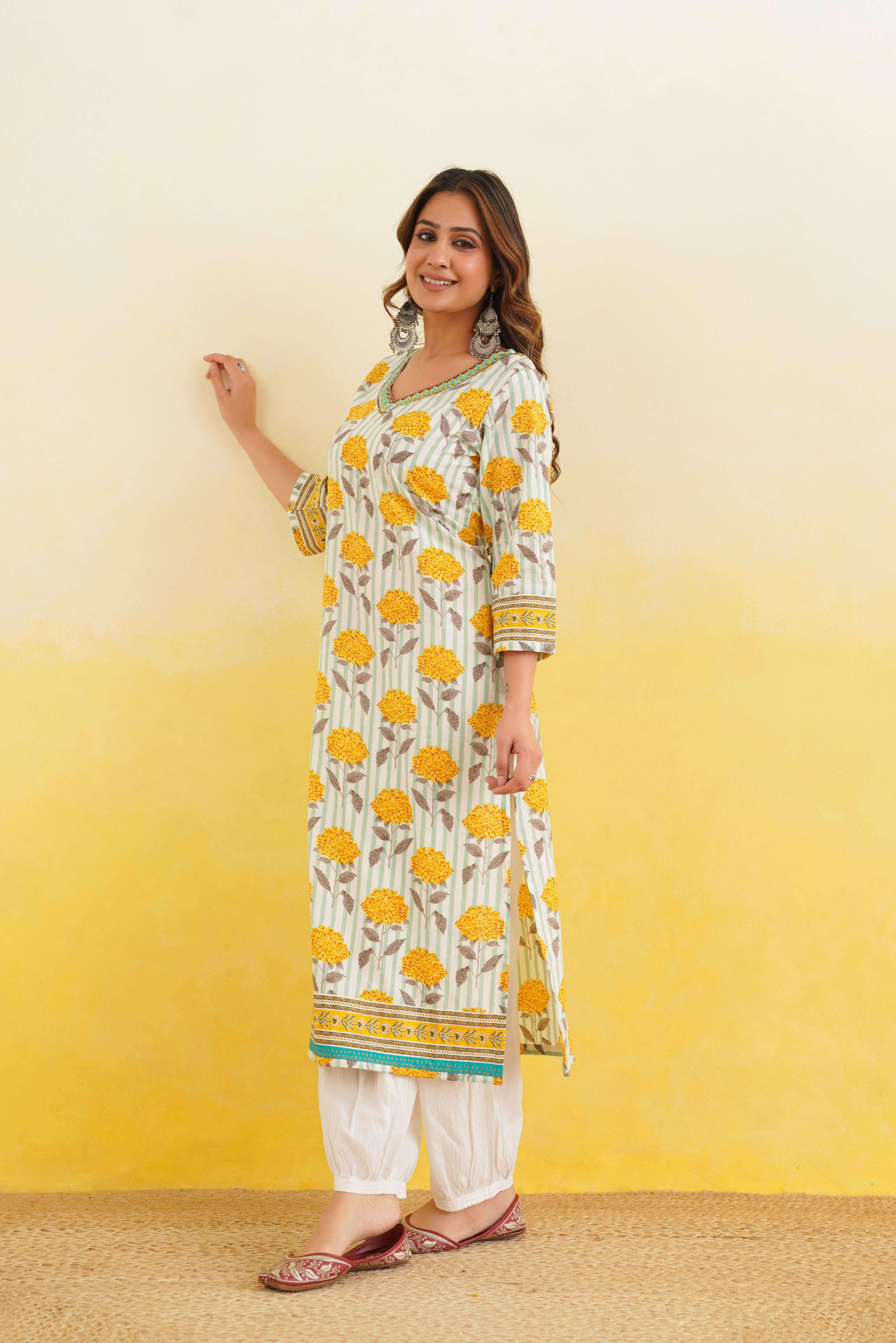 Yellow Floral Printed Cotton Kurta