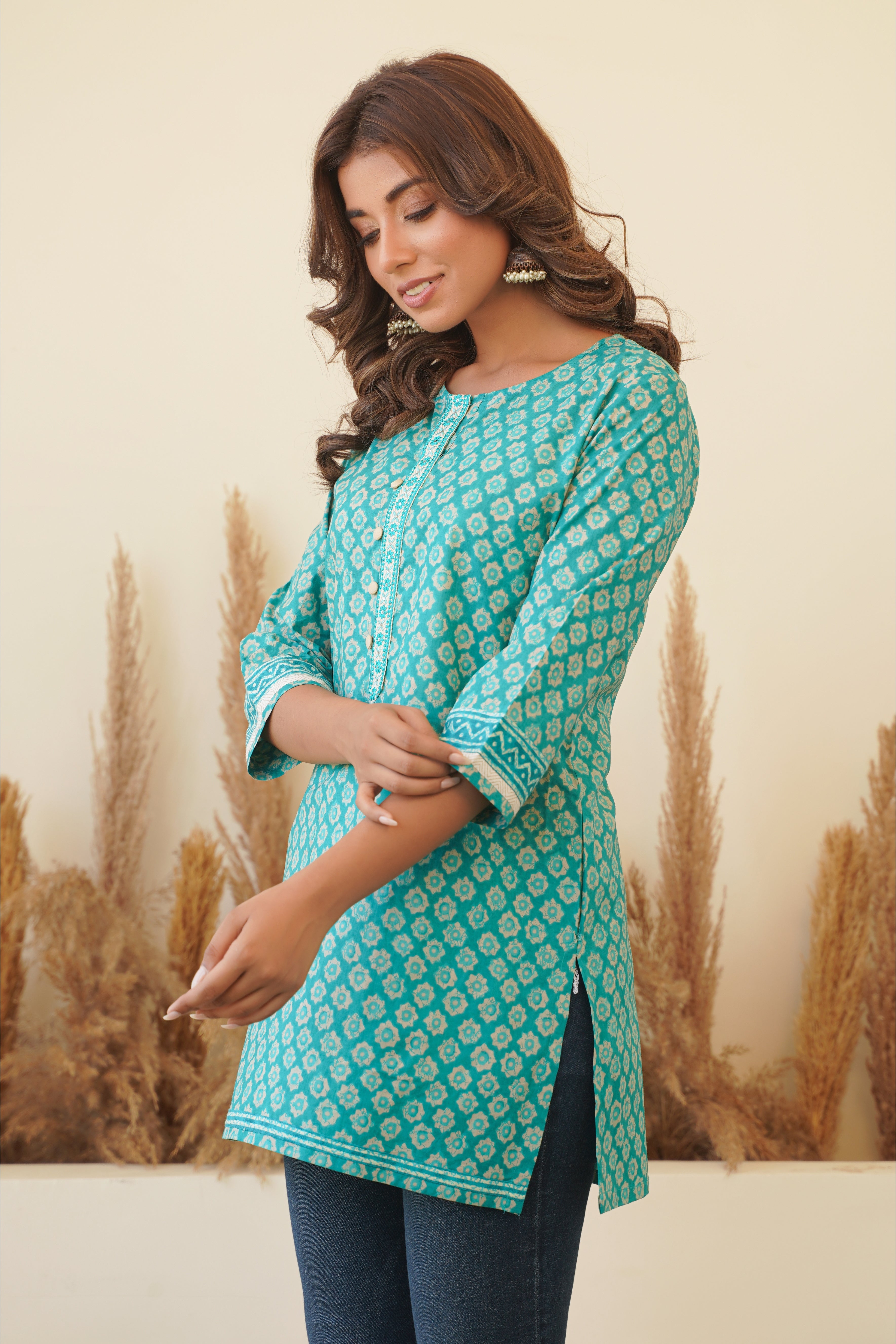 Turquoise Motif Printed Cotton Kurti