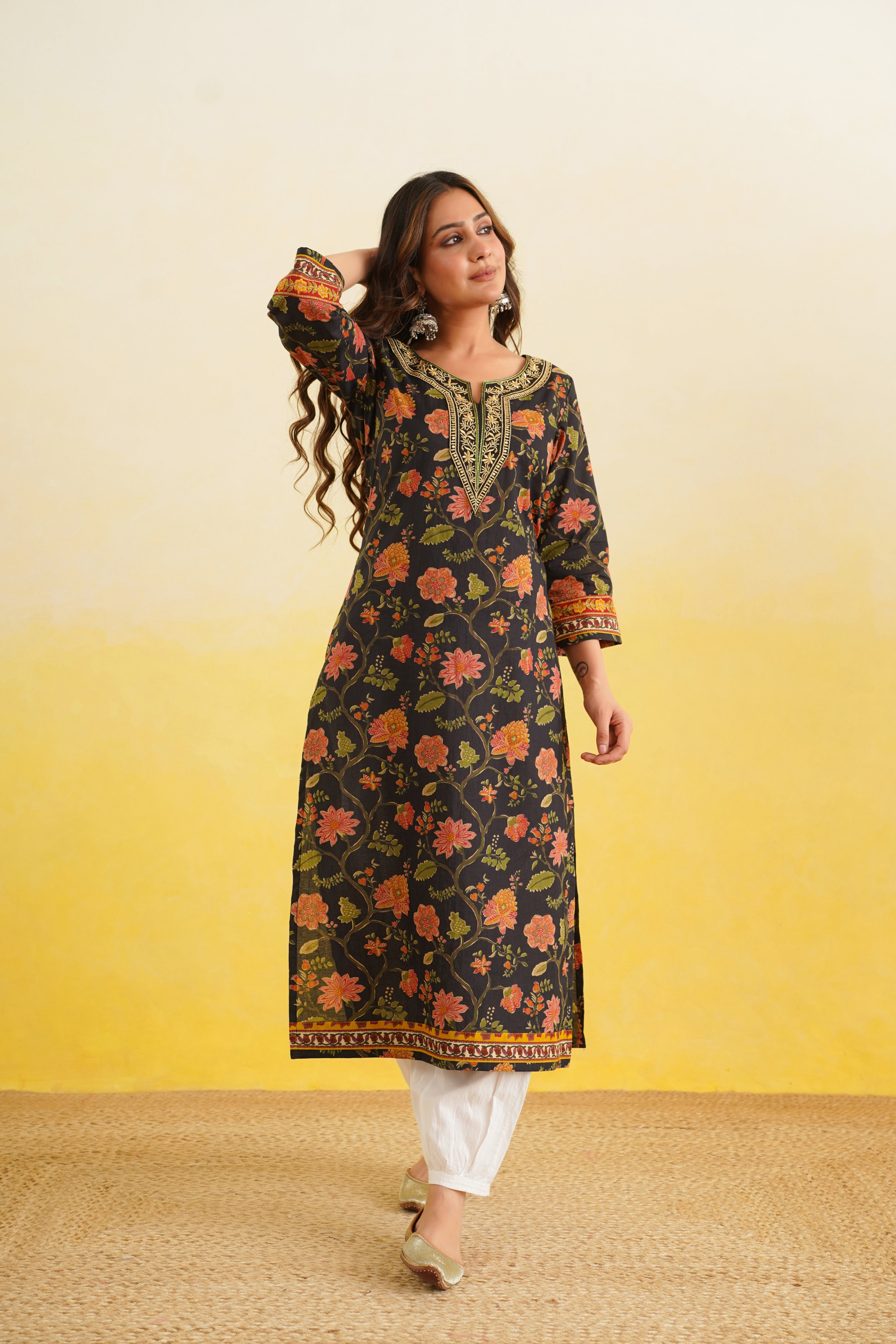 Black Floral Printed Cotton Kurta