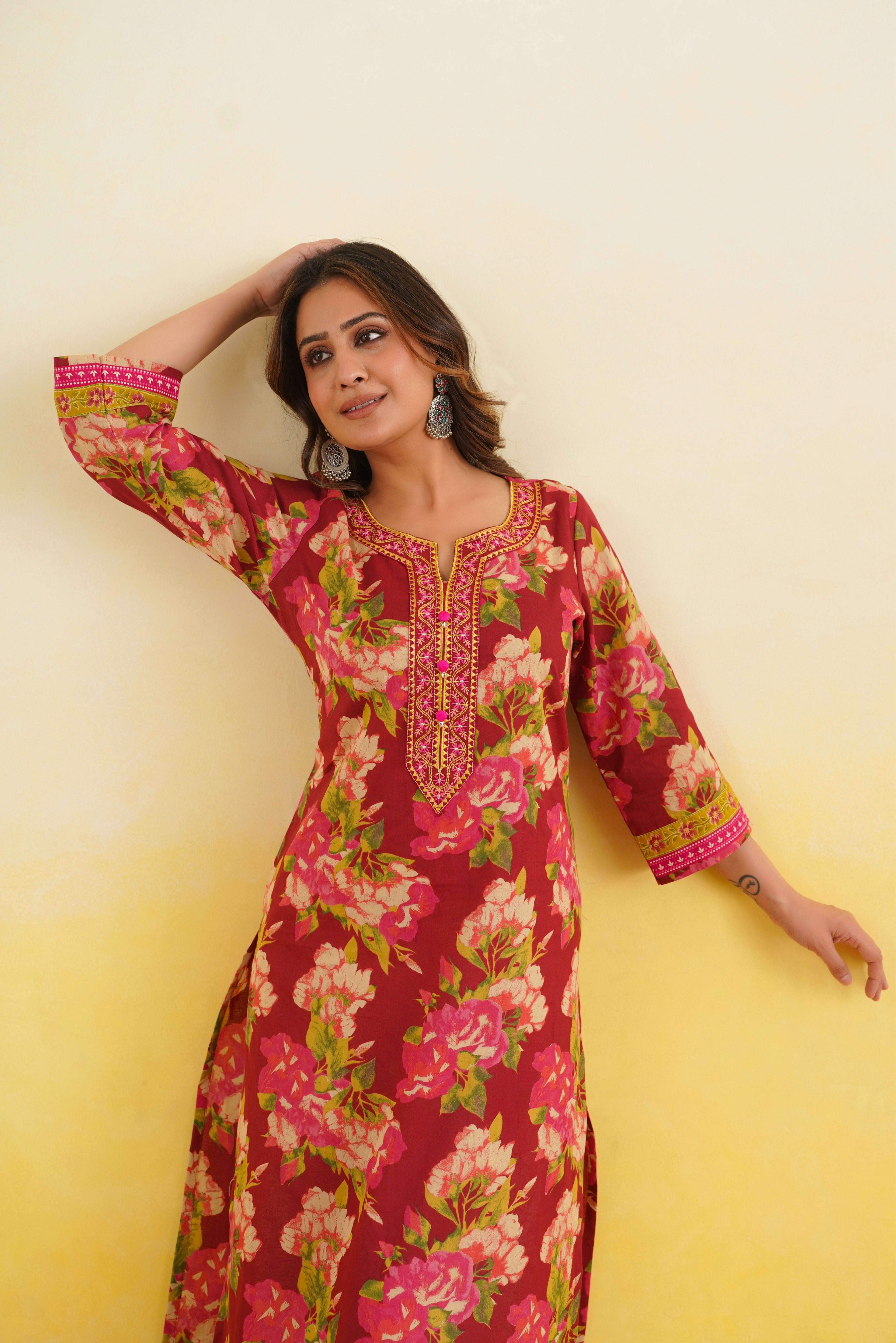 Maroon Floral Printed Cotton Kurta