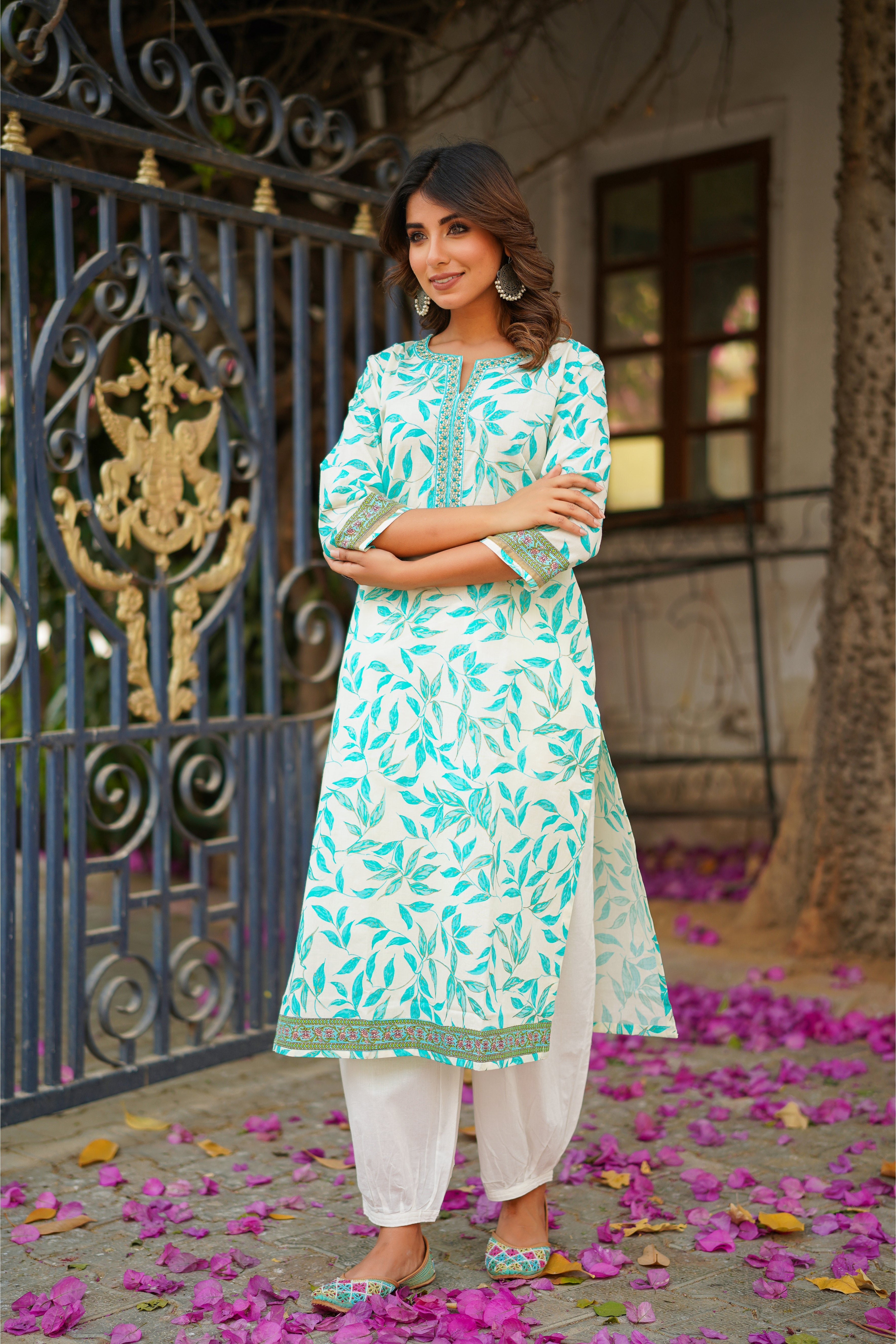 Turquoise Floral Printed Cotton Kurta