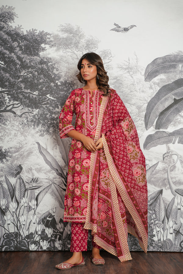 Maroon Floral Printed Cotton Suit Set
