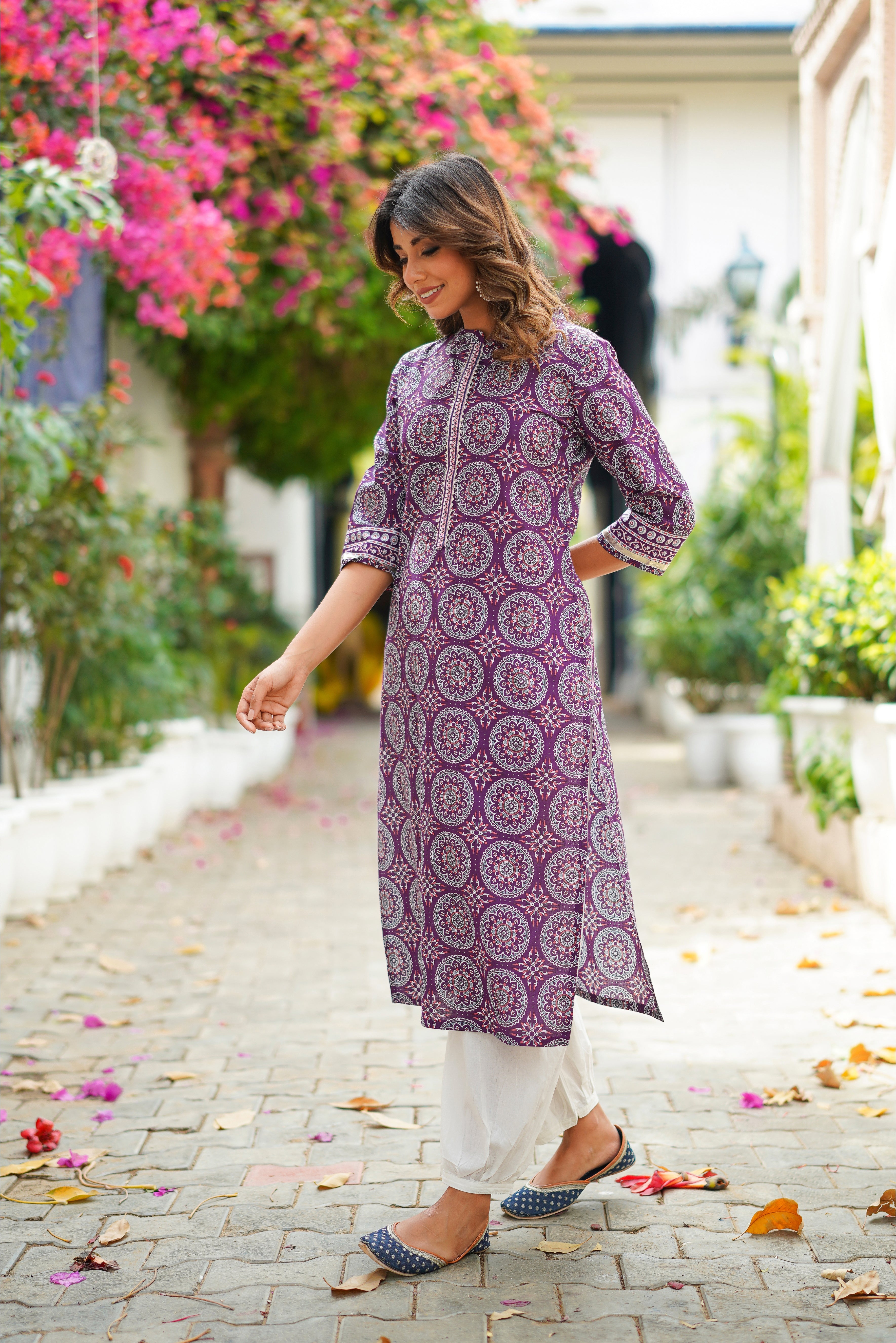 Purple Motif Printed Cotton Kurta