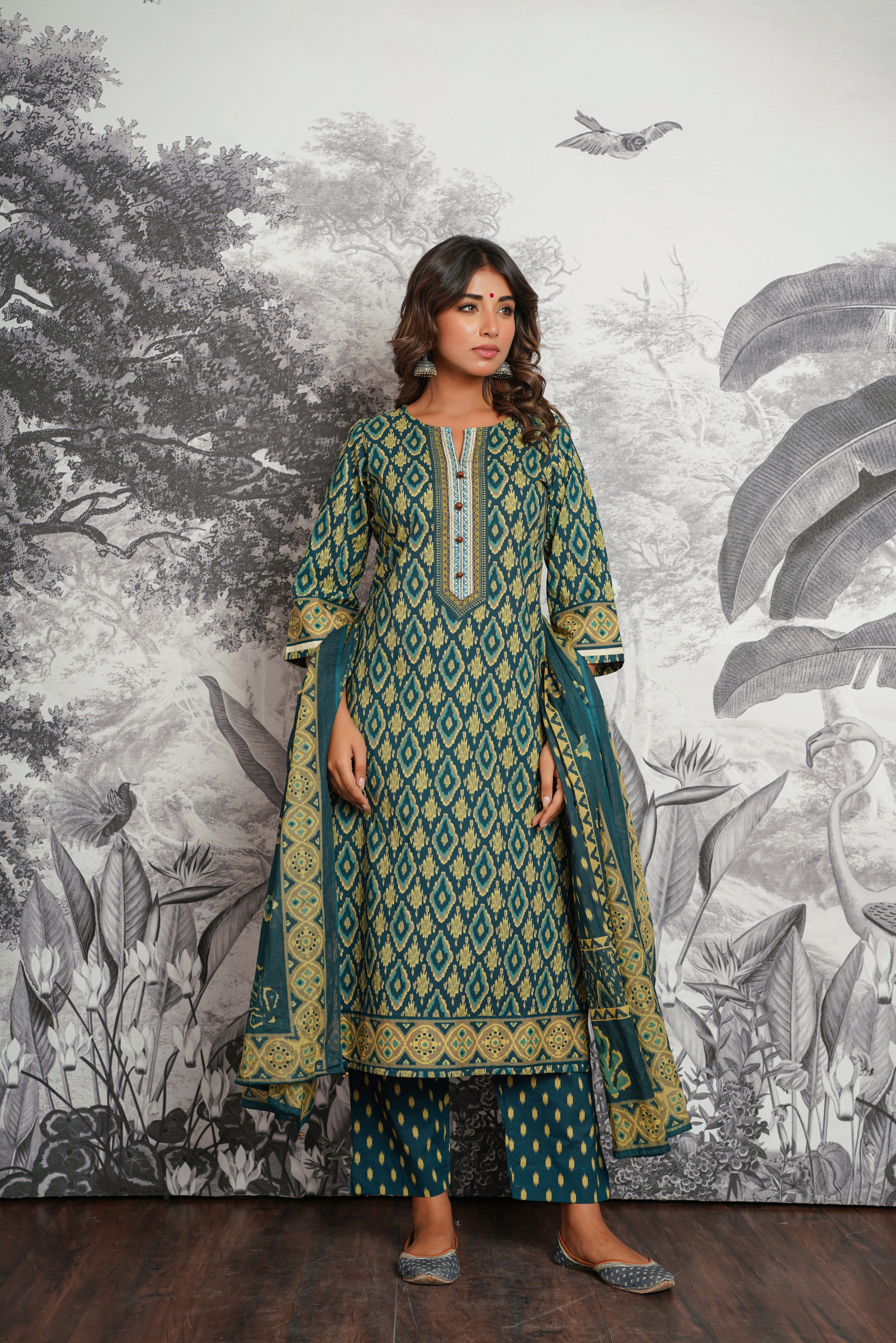 Green Ikat Printed Cotton Suit Set