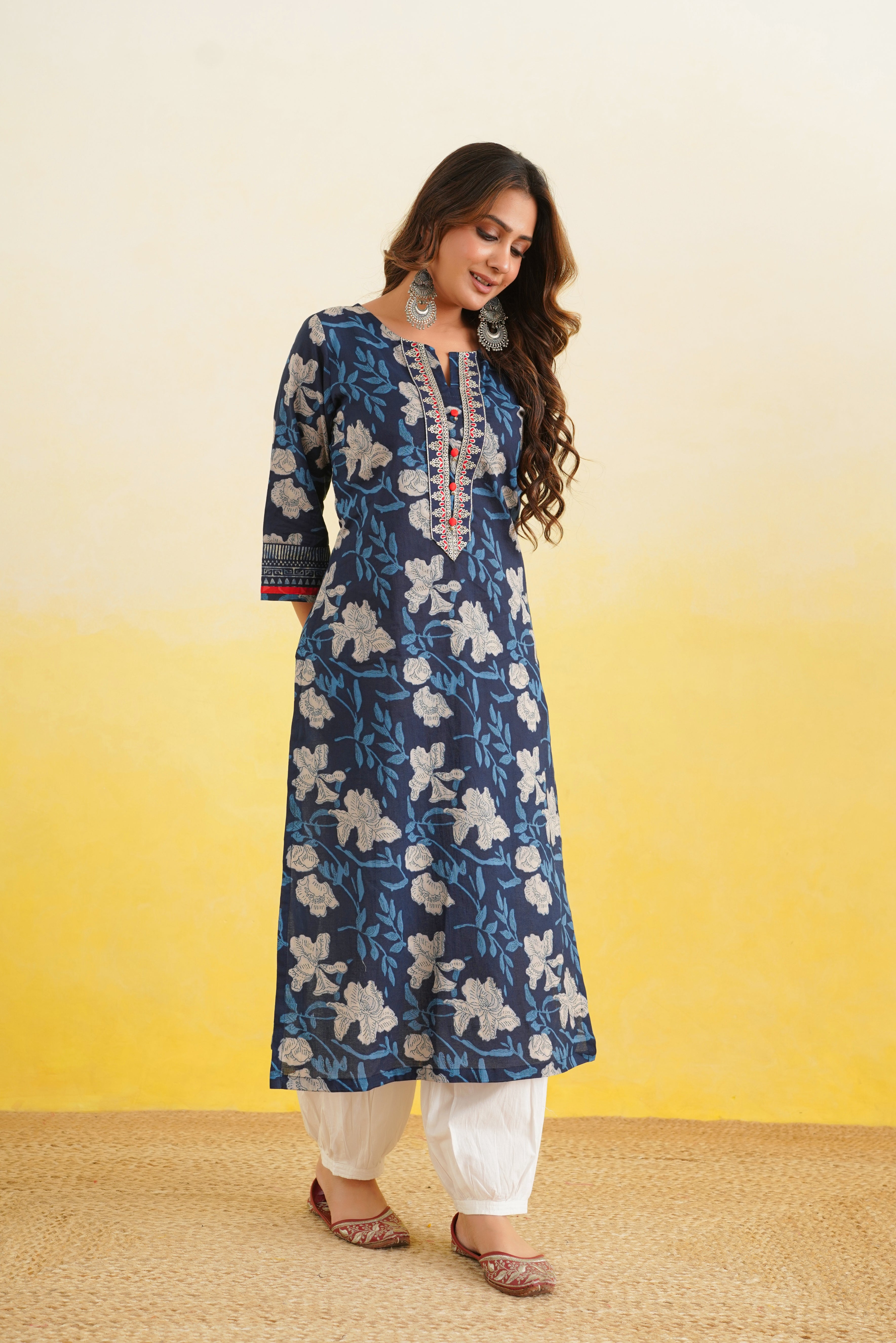 Blue Floral Printed Cotton Kurta