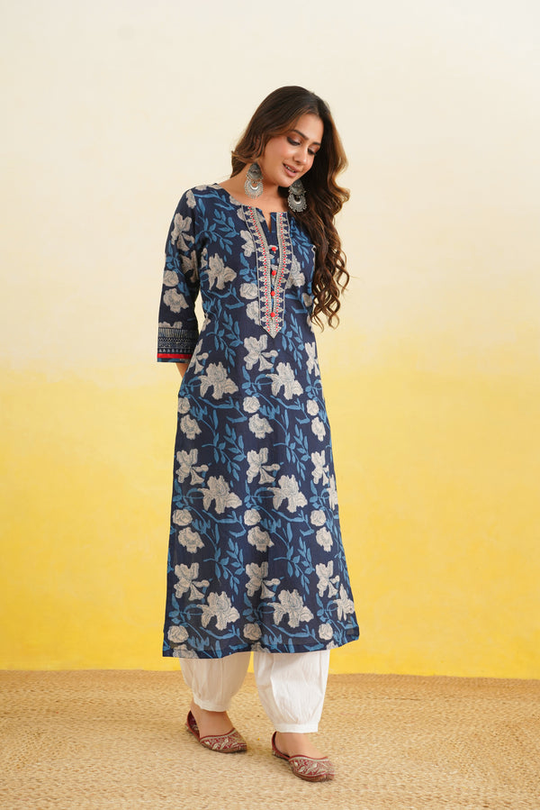 Blue Floral Printed Cotton Kurta