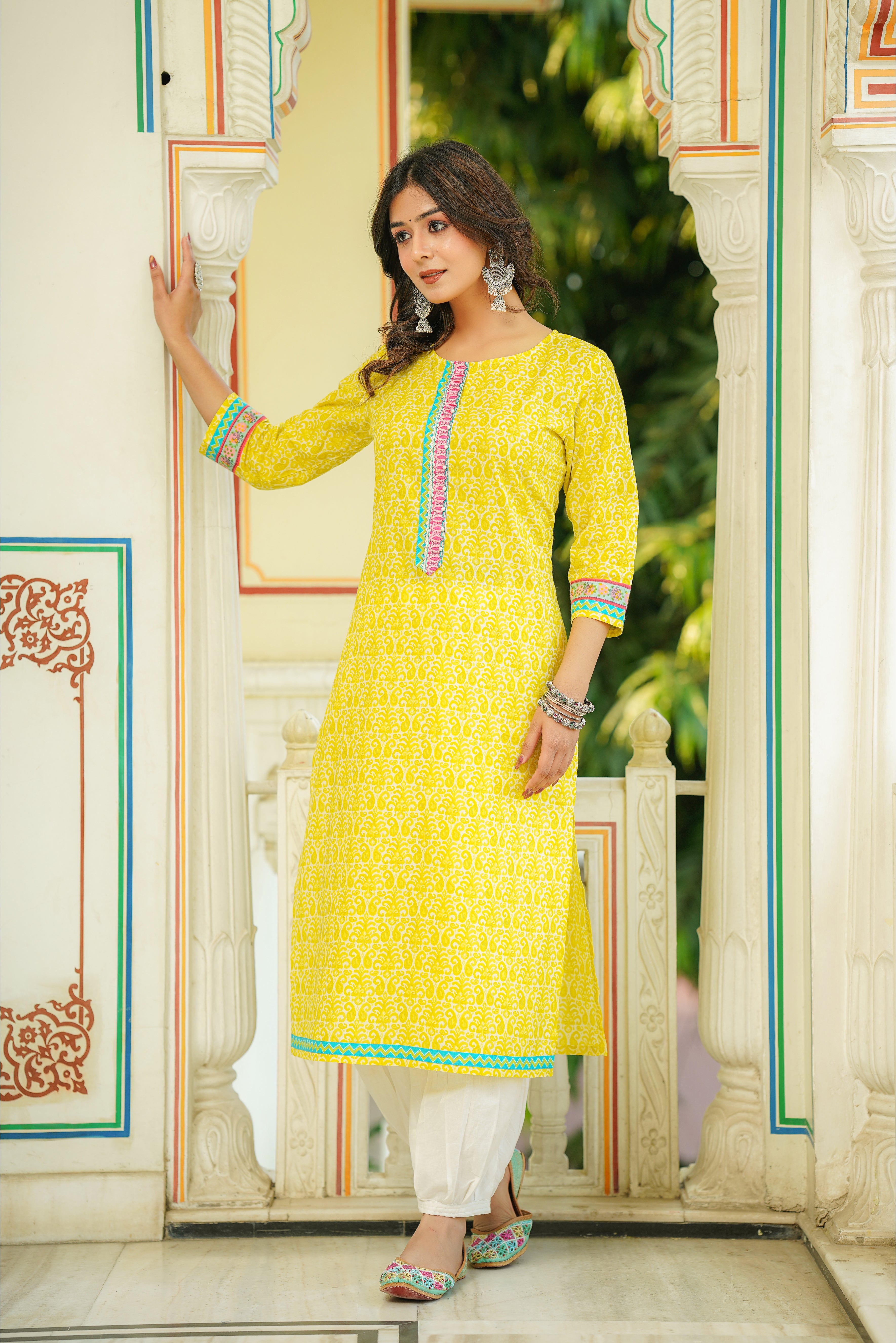 Yellow Motif Printed Cotton Kurta