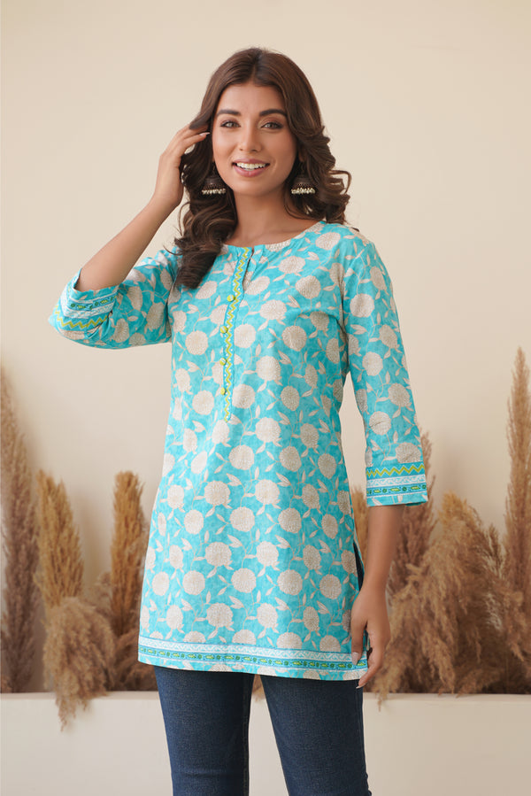 Turquoise Floral Printed Cotton Kurti