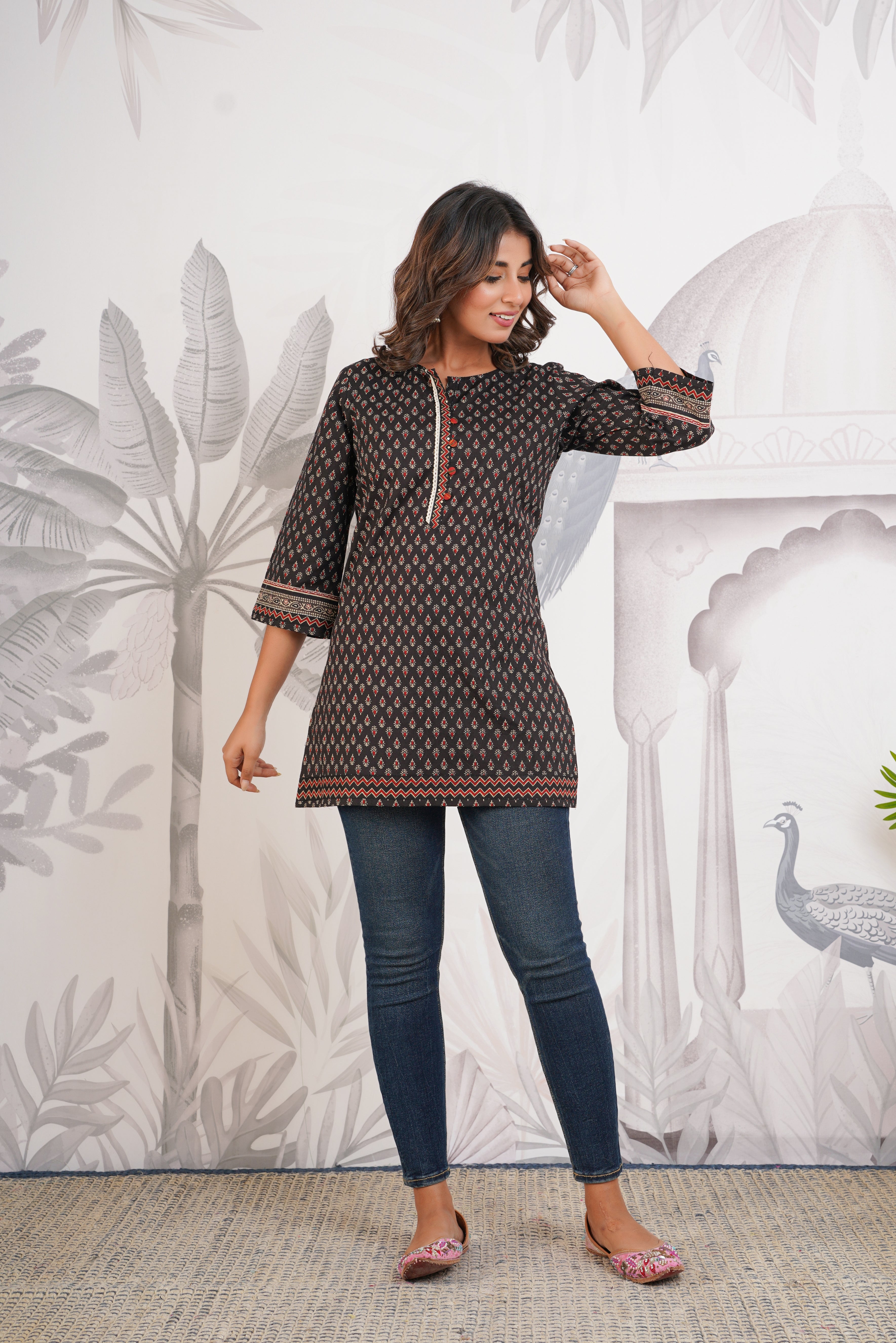 Black Motif Printed Cotton Kurti