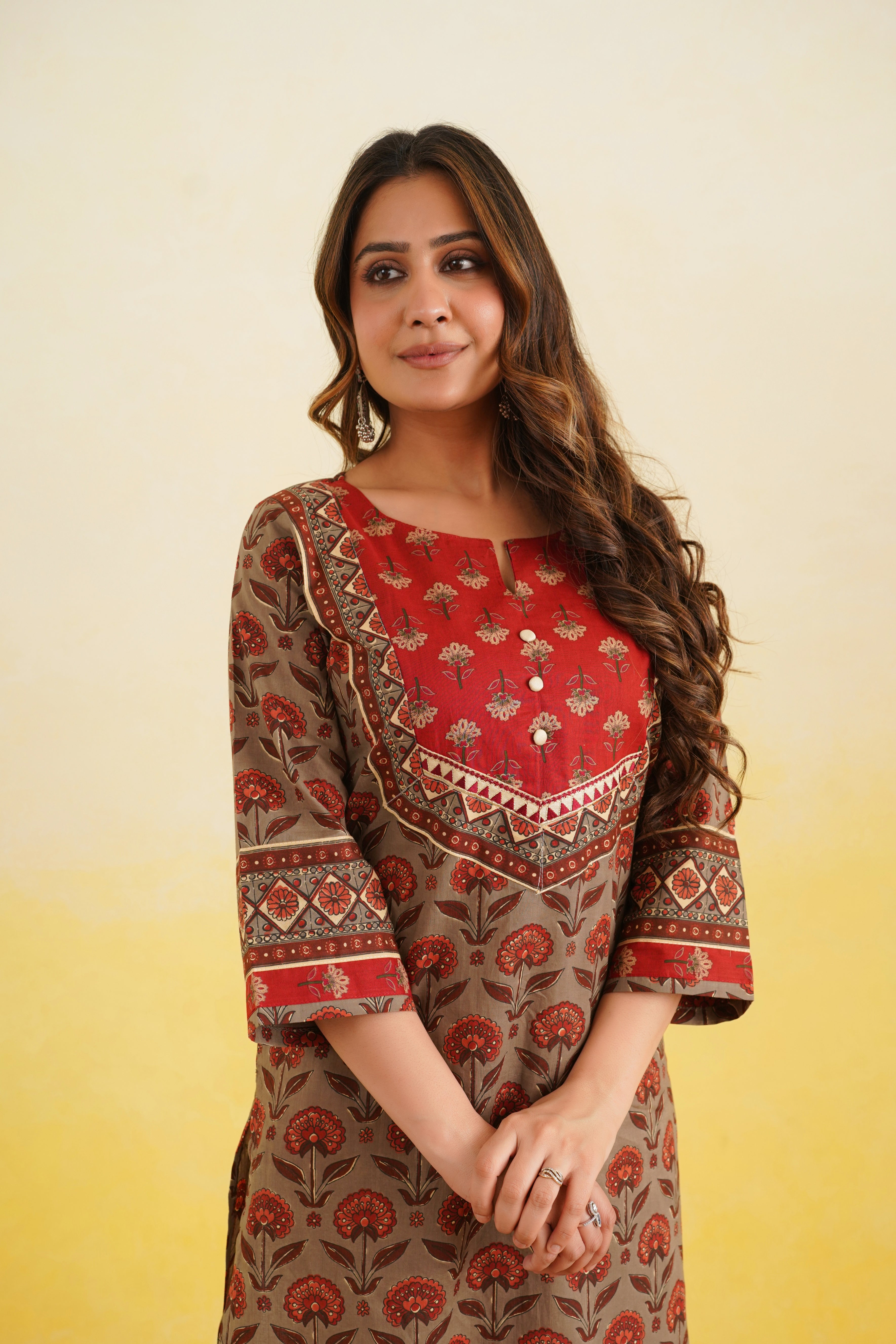 Coffee Floral Printed Cotton Kurta