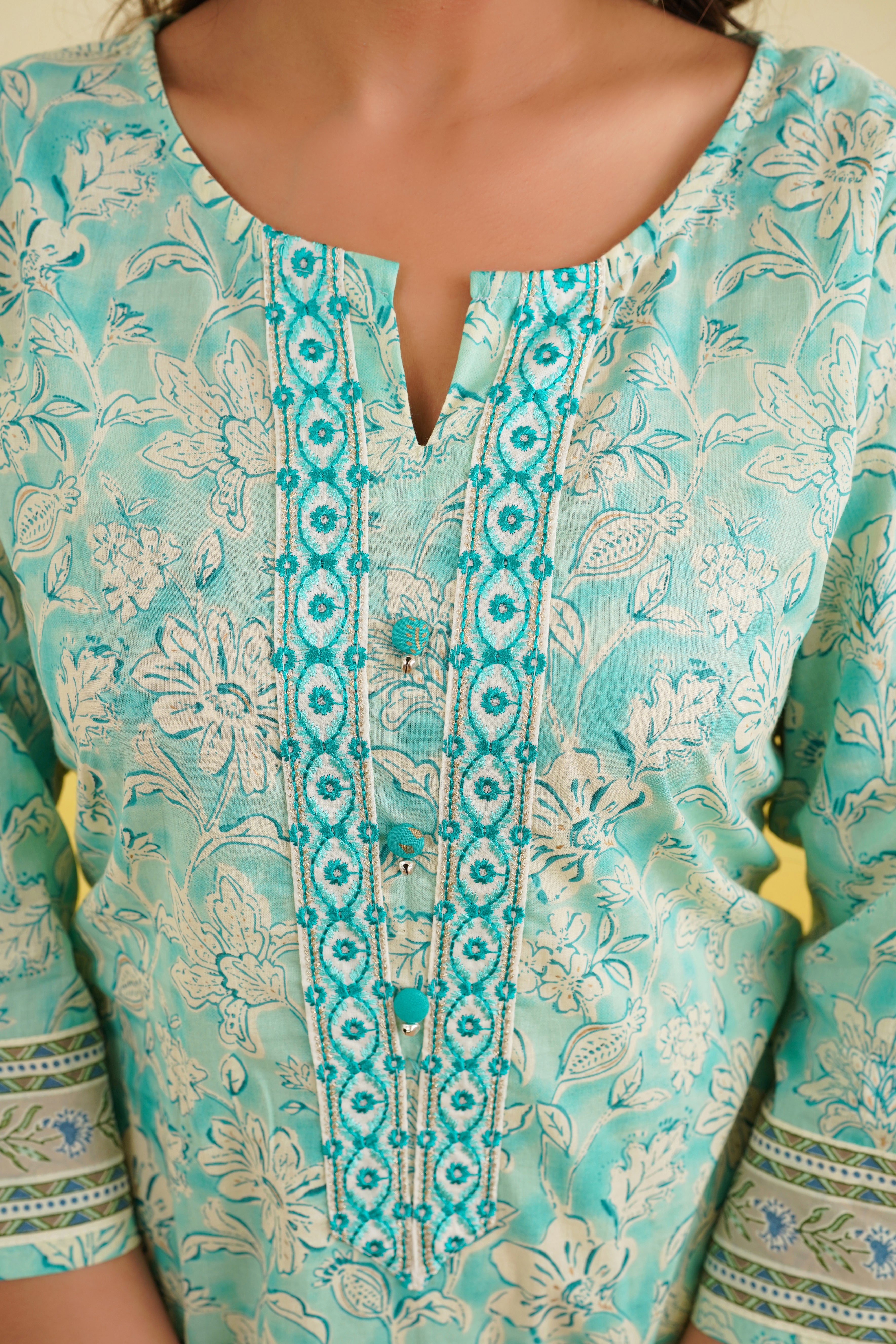 Turquoise Floral Printed Cotton Kurta