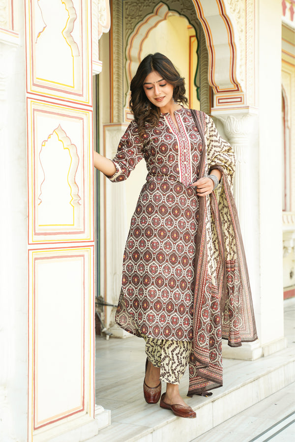 Brown Motif Cotton Suit Set