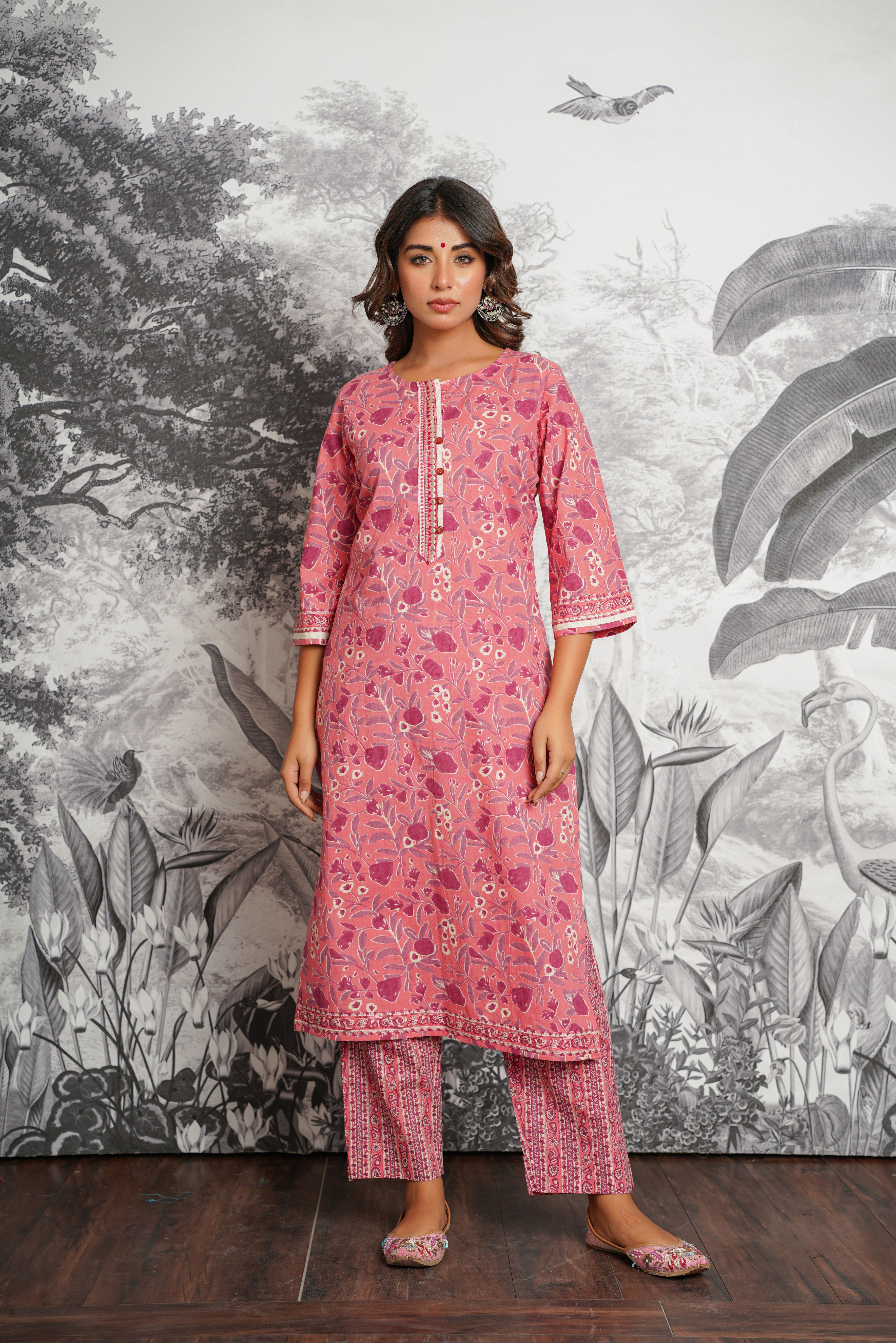 Pink Floral Printed Cotton Suit Set