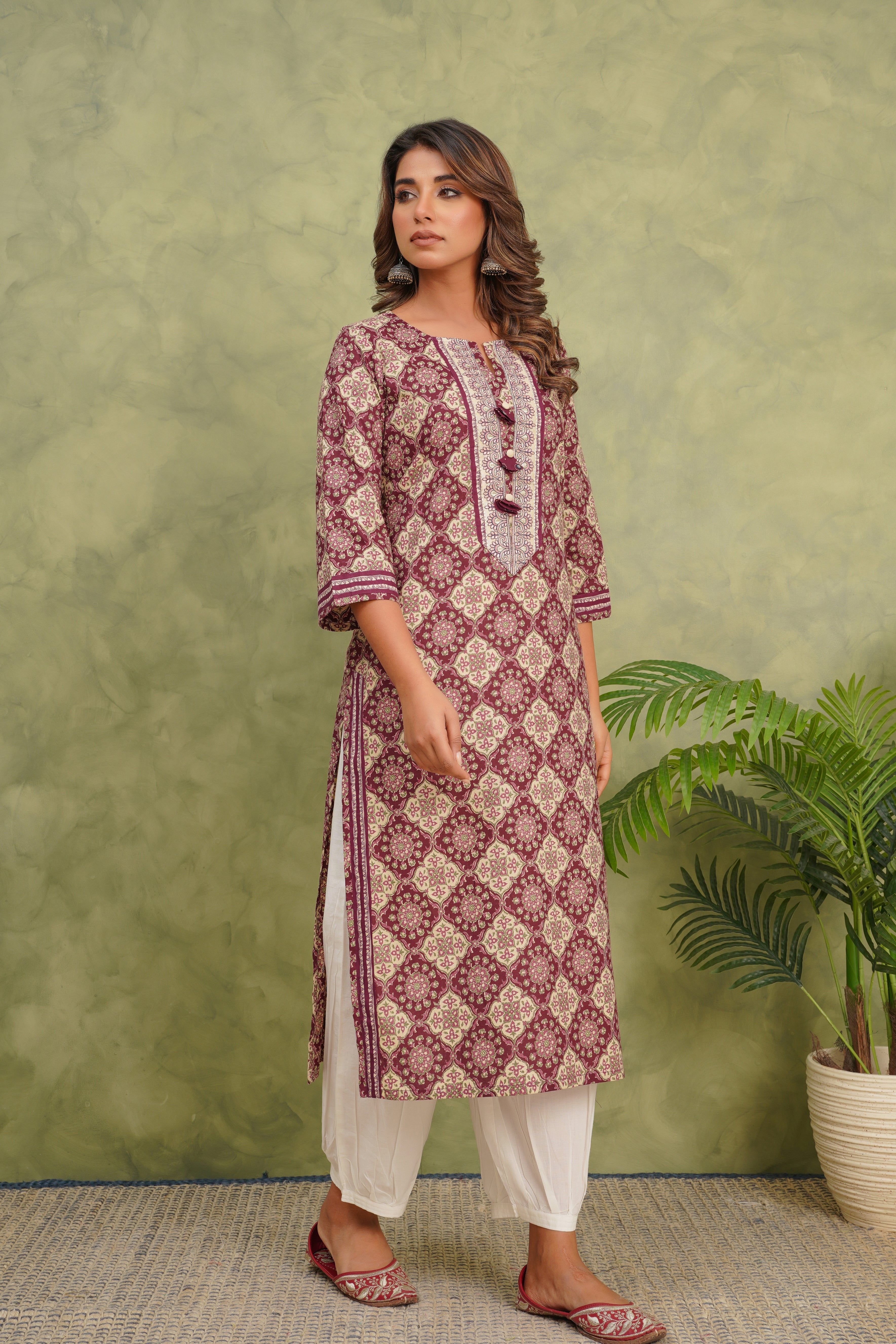 Wine Geometric Printed Cotton Kurta