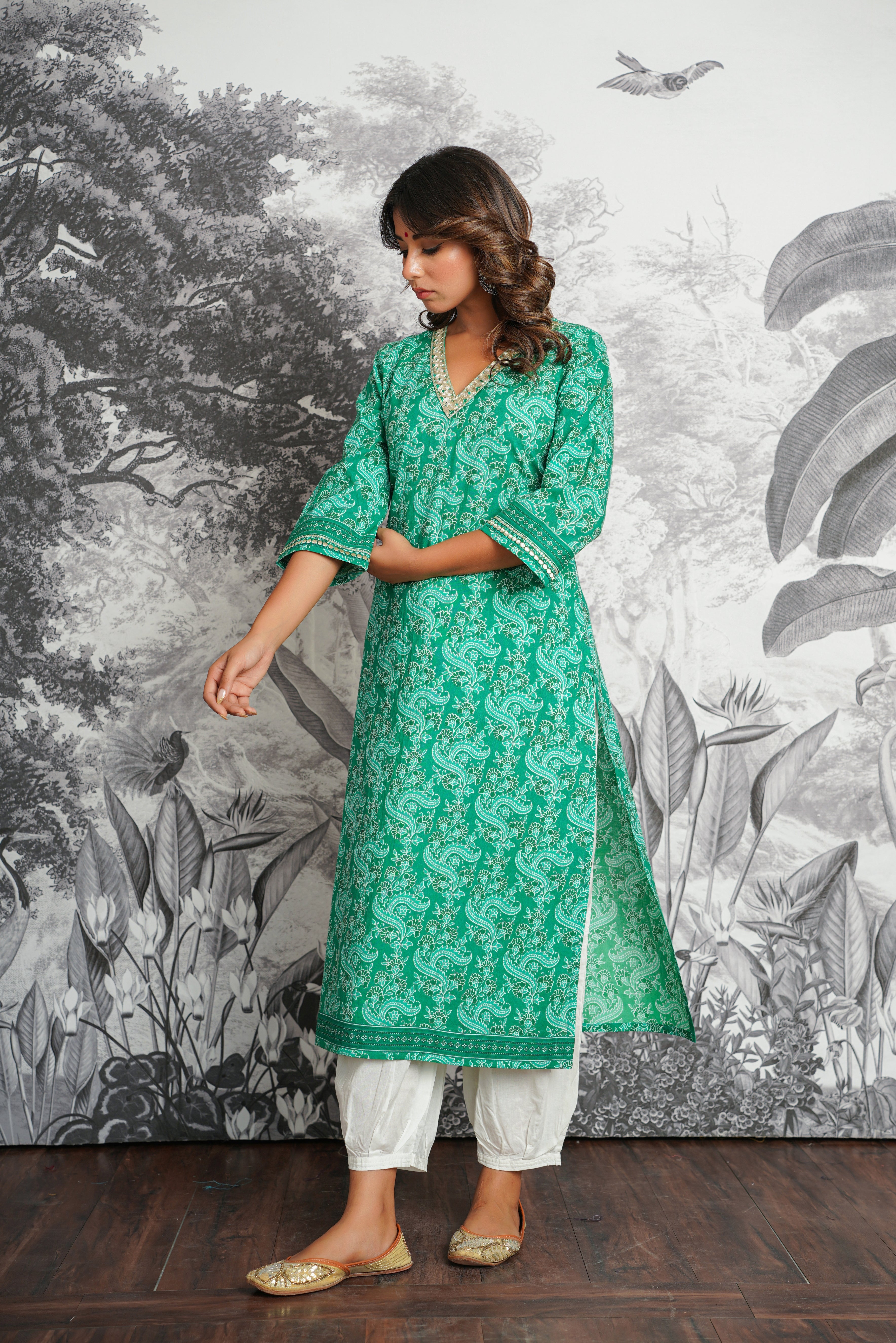 Green Floral Printed Cotton Kurta