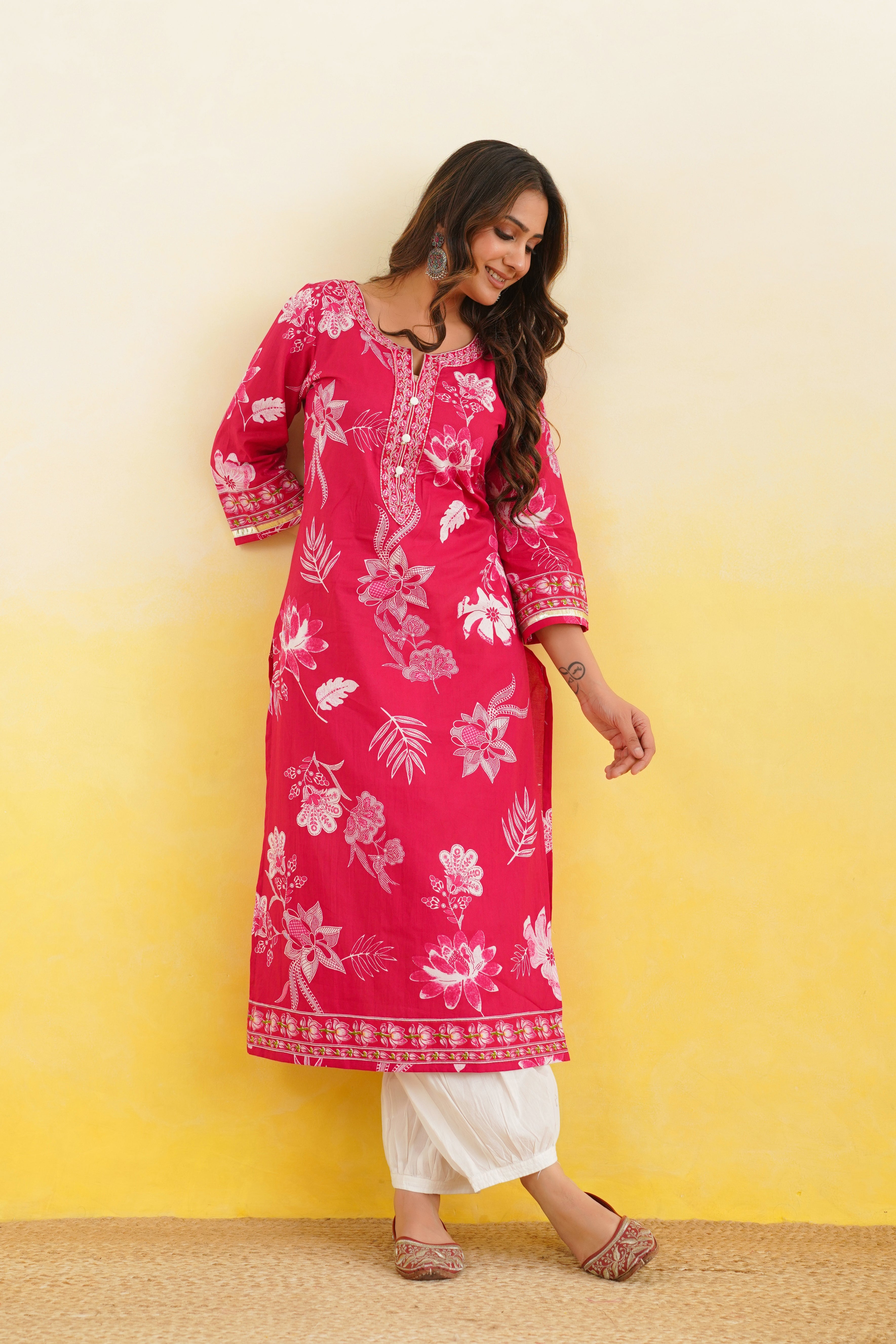 Pink Floral Printed Cotton Kurta