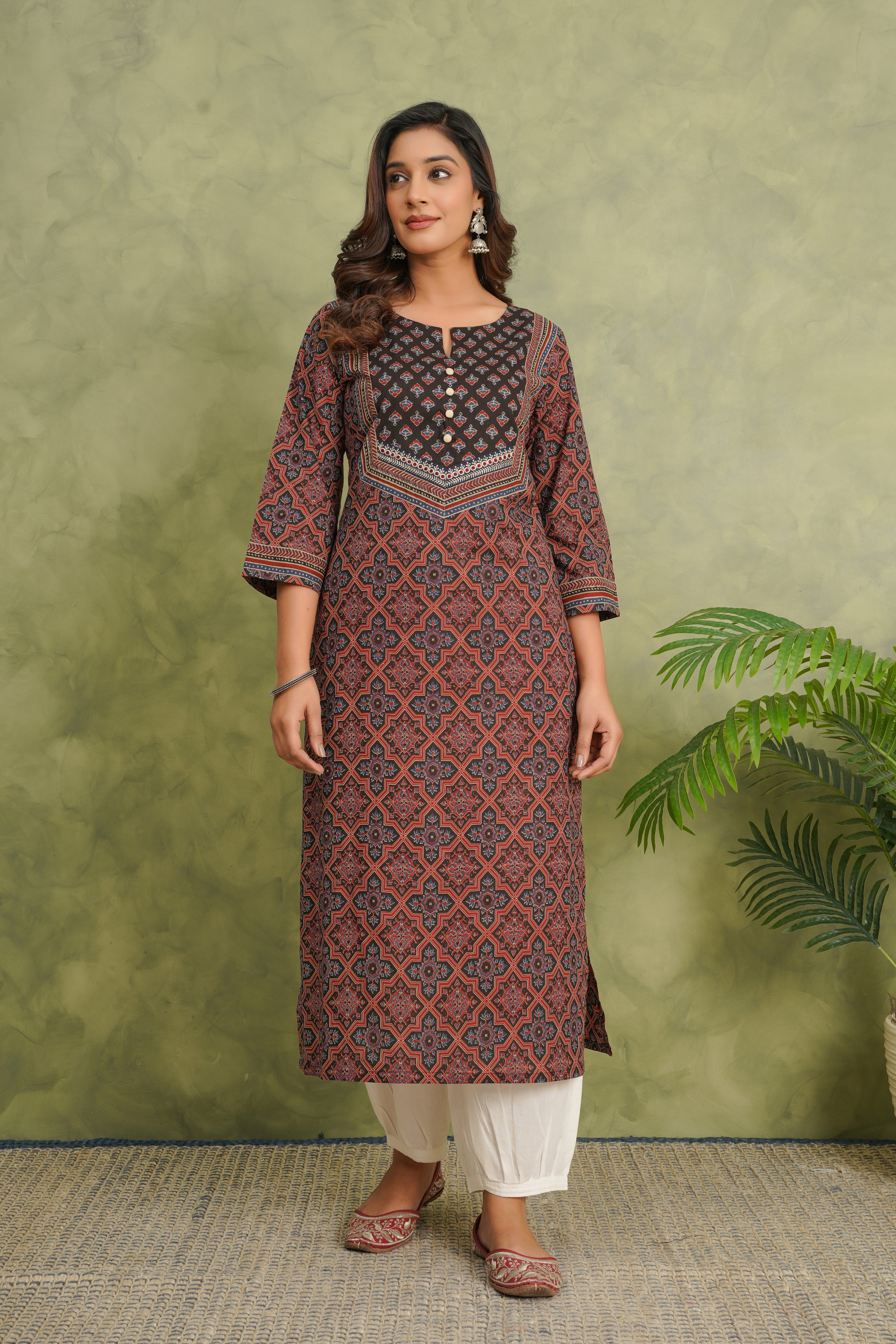 Maroon Motif Printed Cotton Kurta
