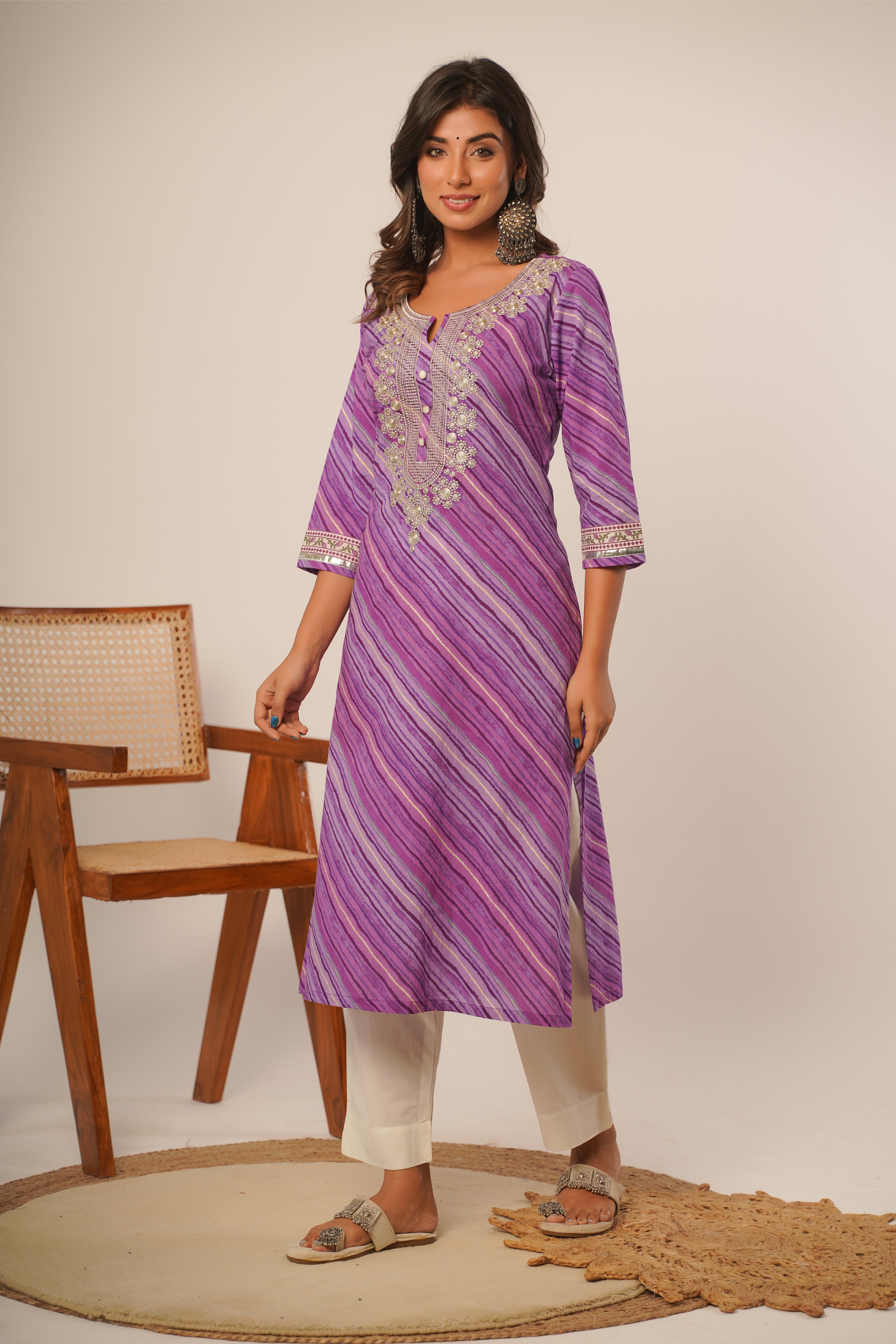 Embroidered Purple Leheriya Cotton Kurta