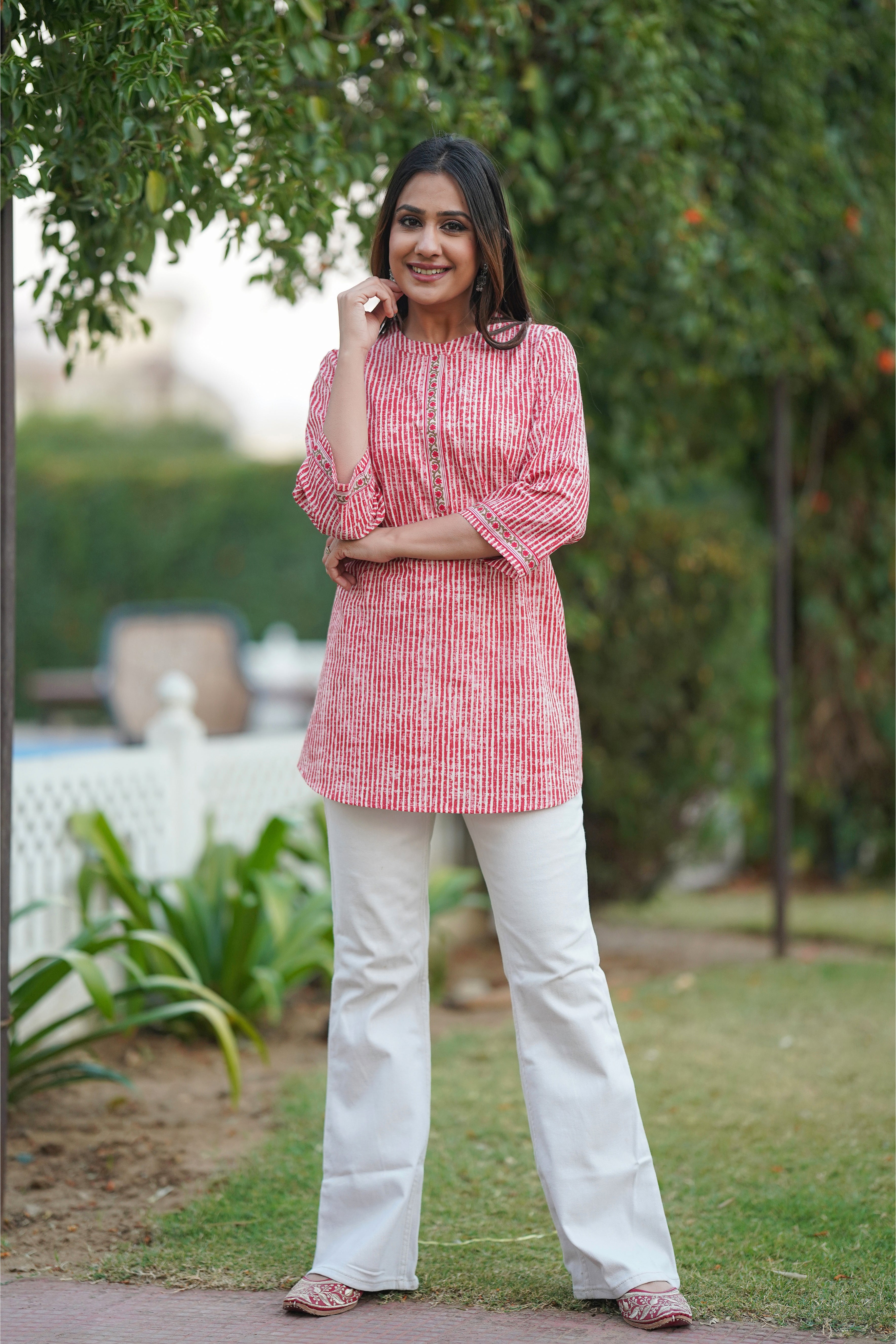 Red Stripe Printed Cotton Top