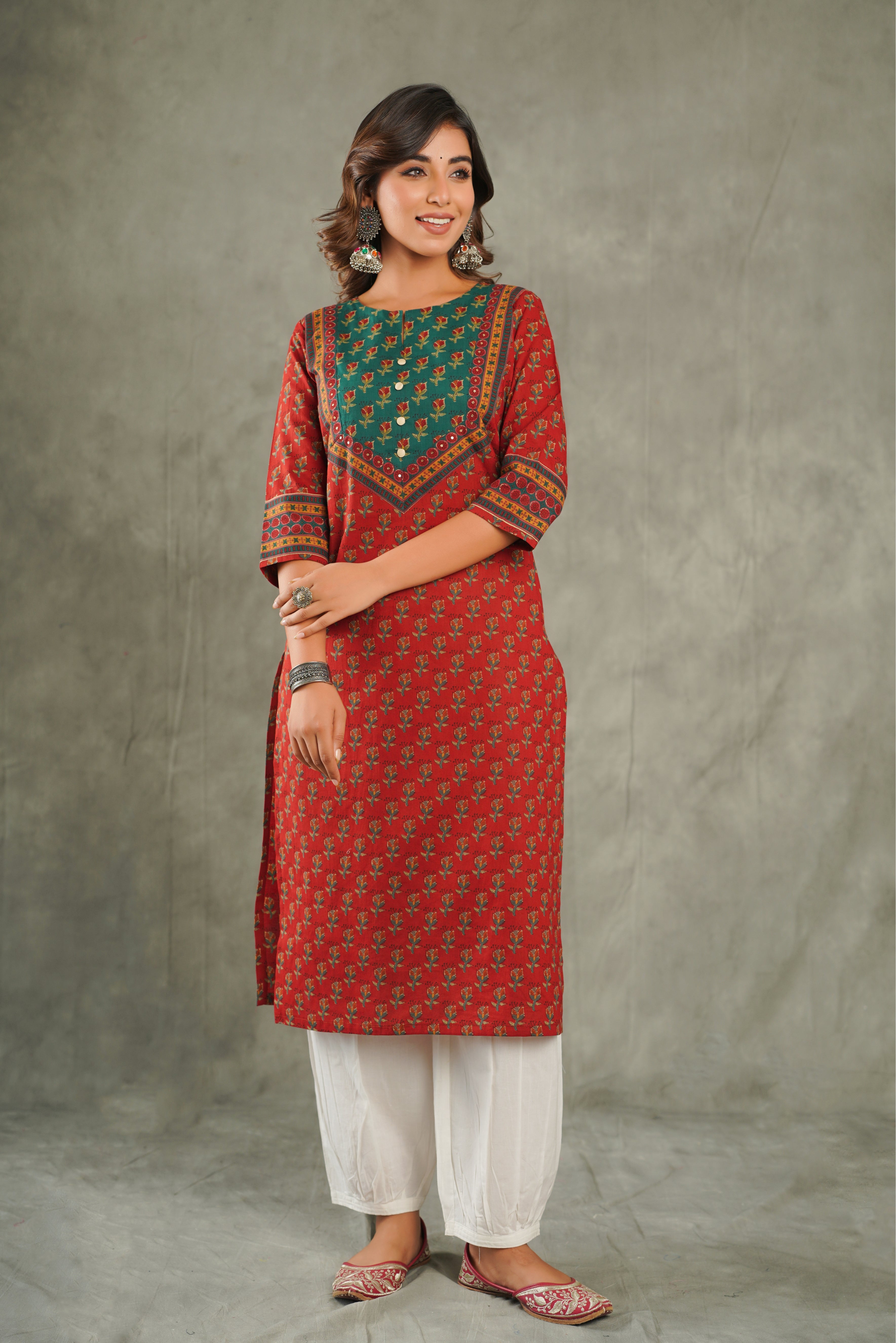 Maroon Floral Printed Cotton Kurta