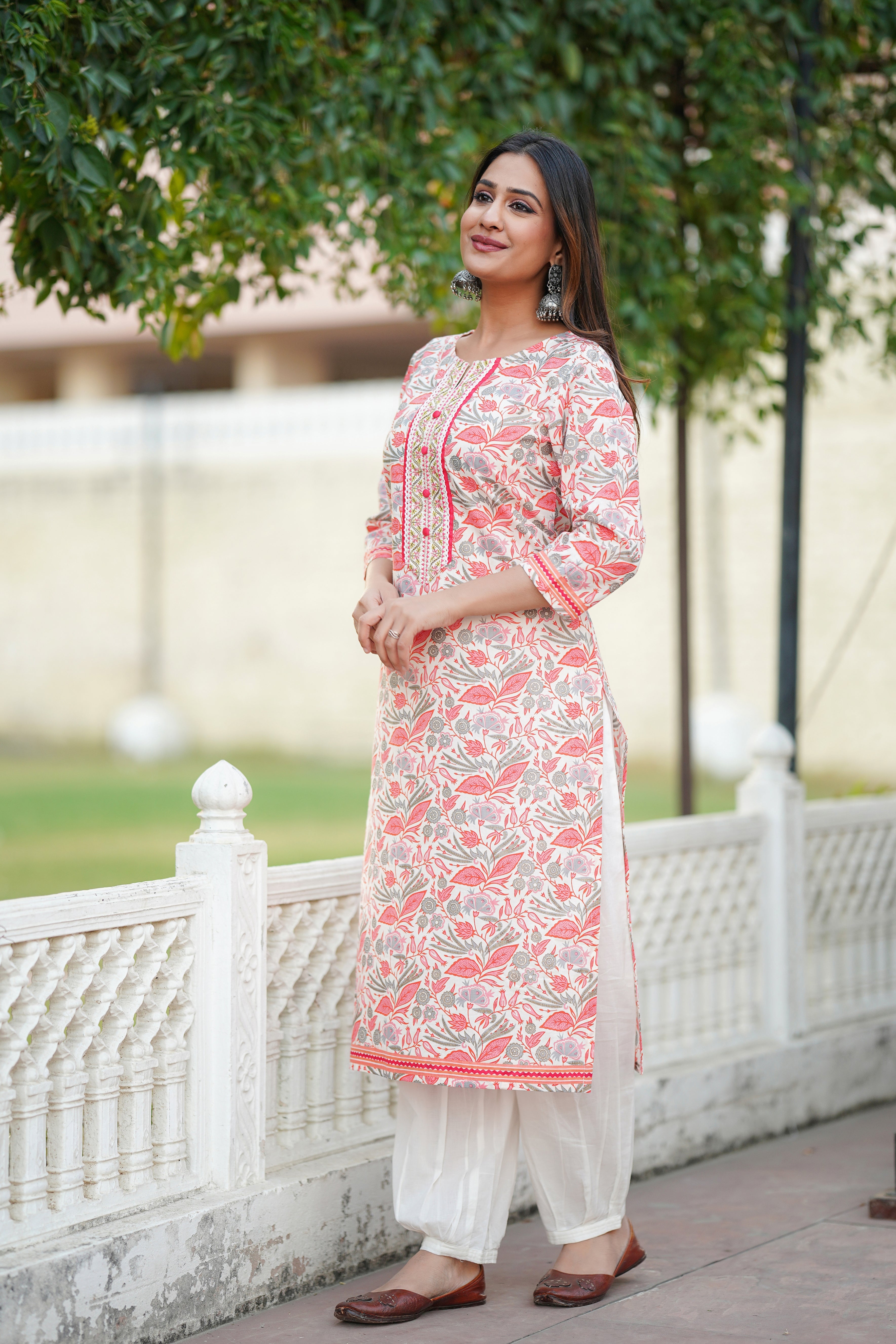 Peach Floral Printed Cotton Kurta