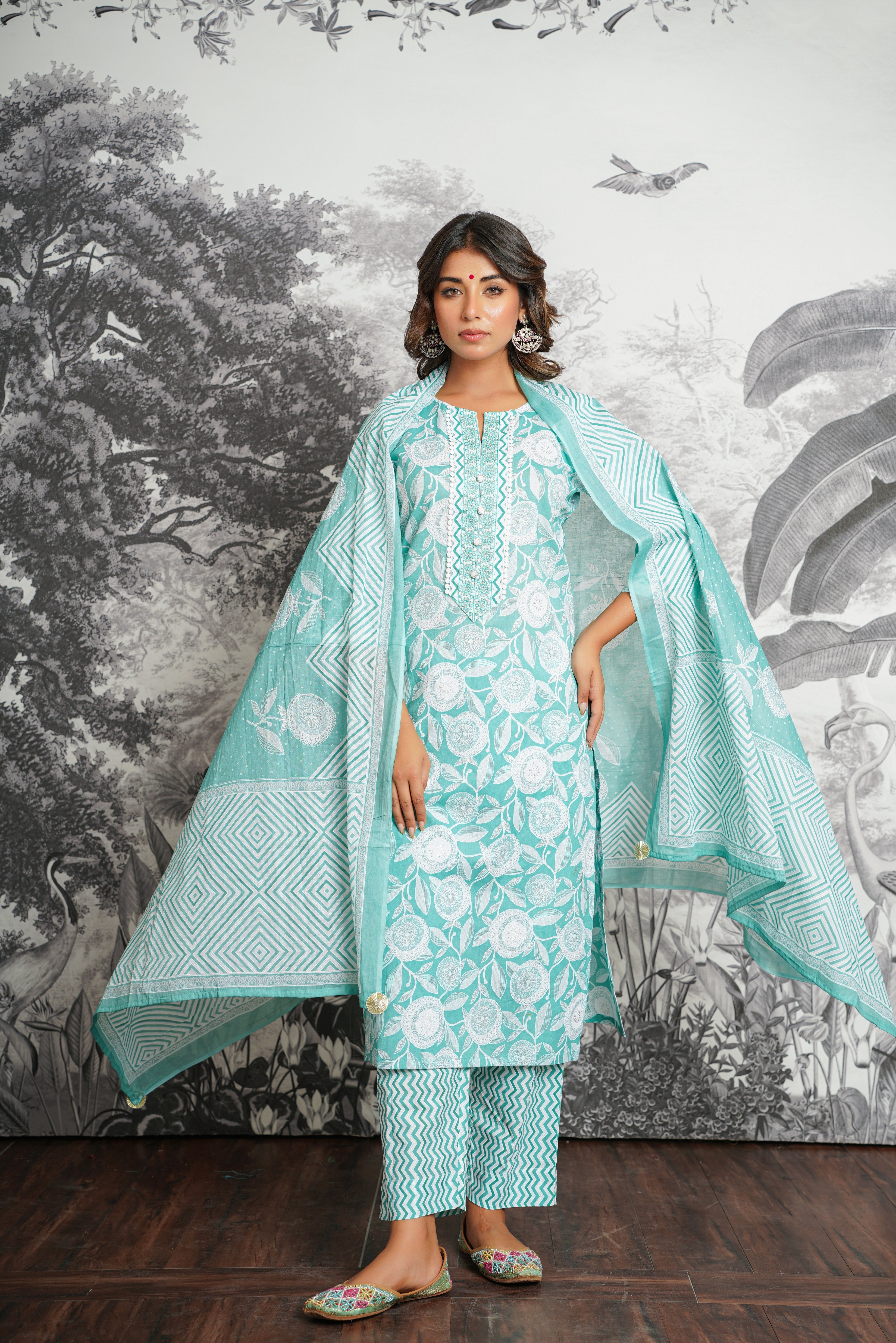 Turquoise Floral Printed Cotton Suit Set
