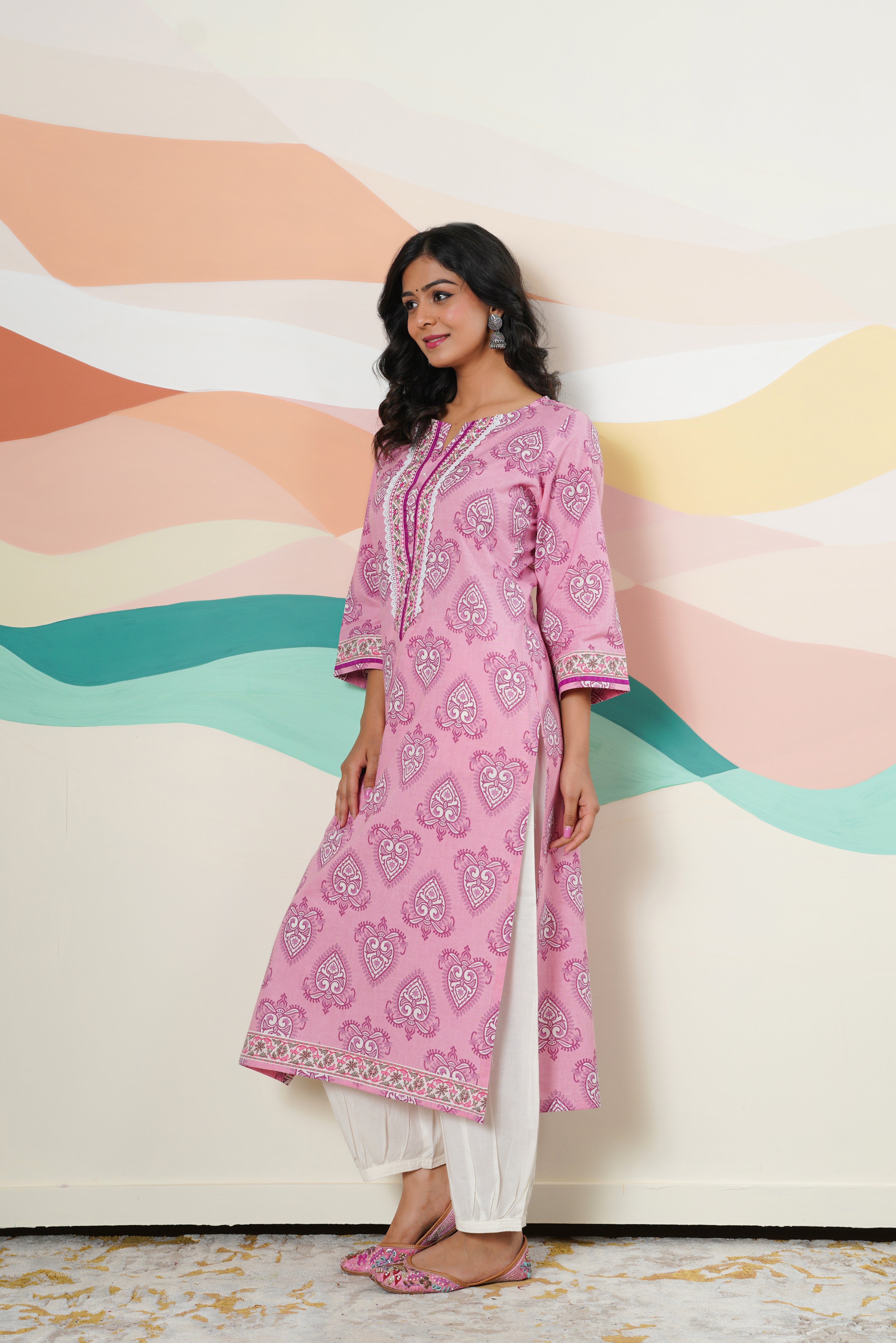 Pink Motif Printed Cotton Kurta