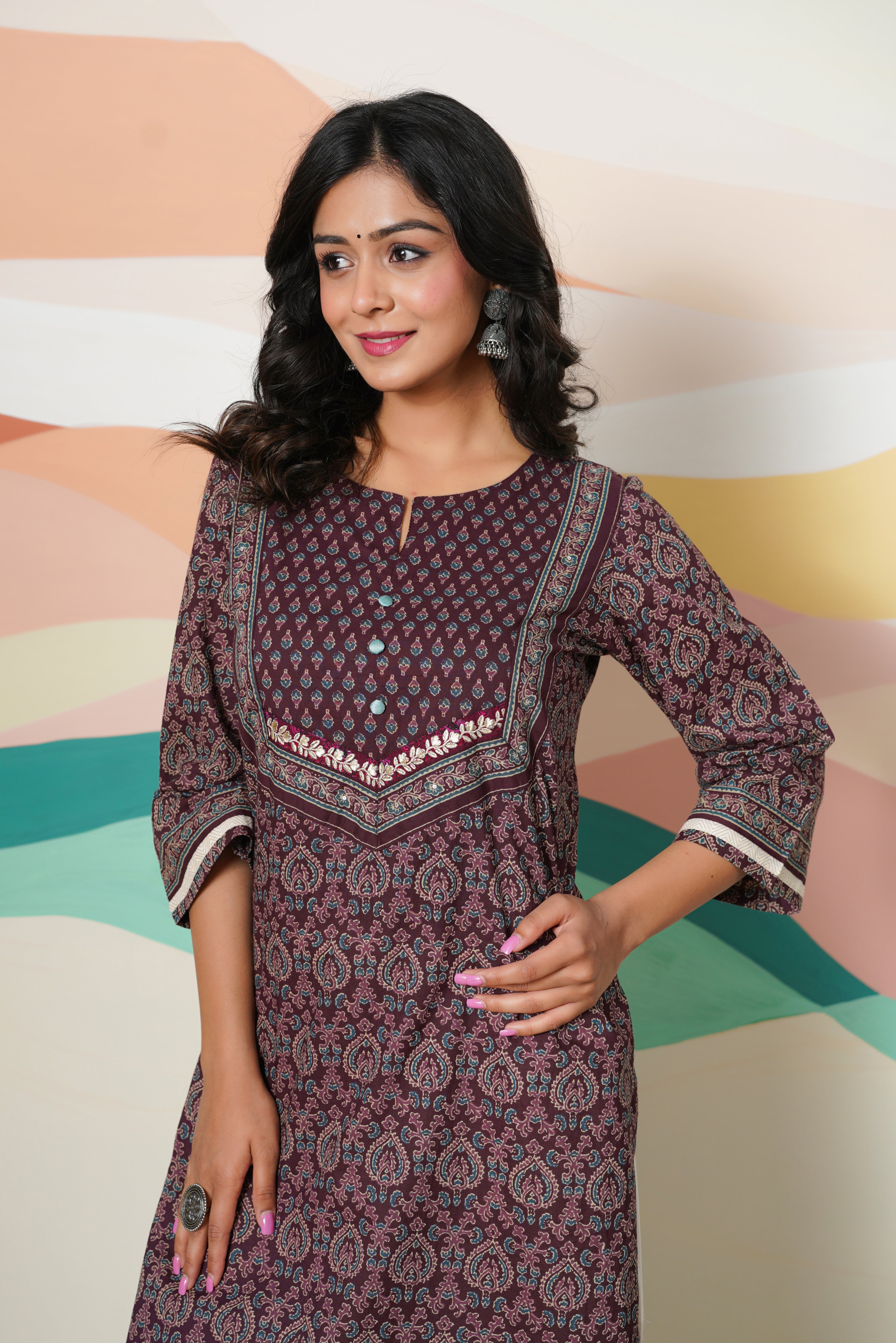 Wine Motif Printed Cotton Kurta