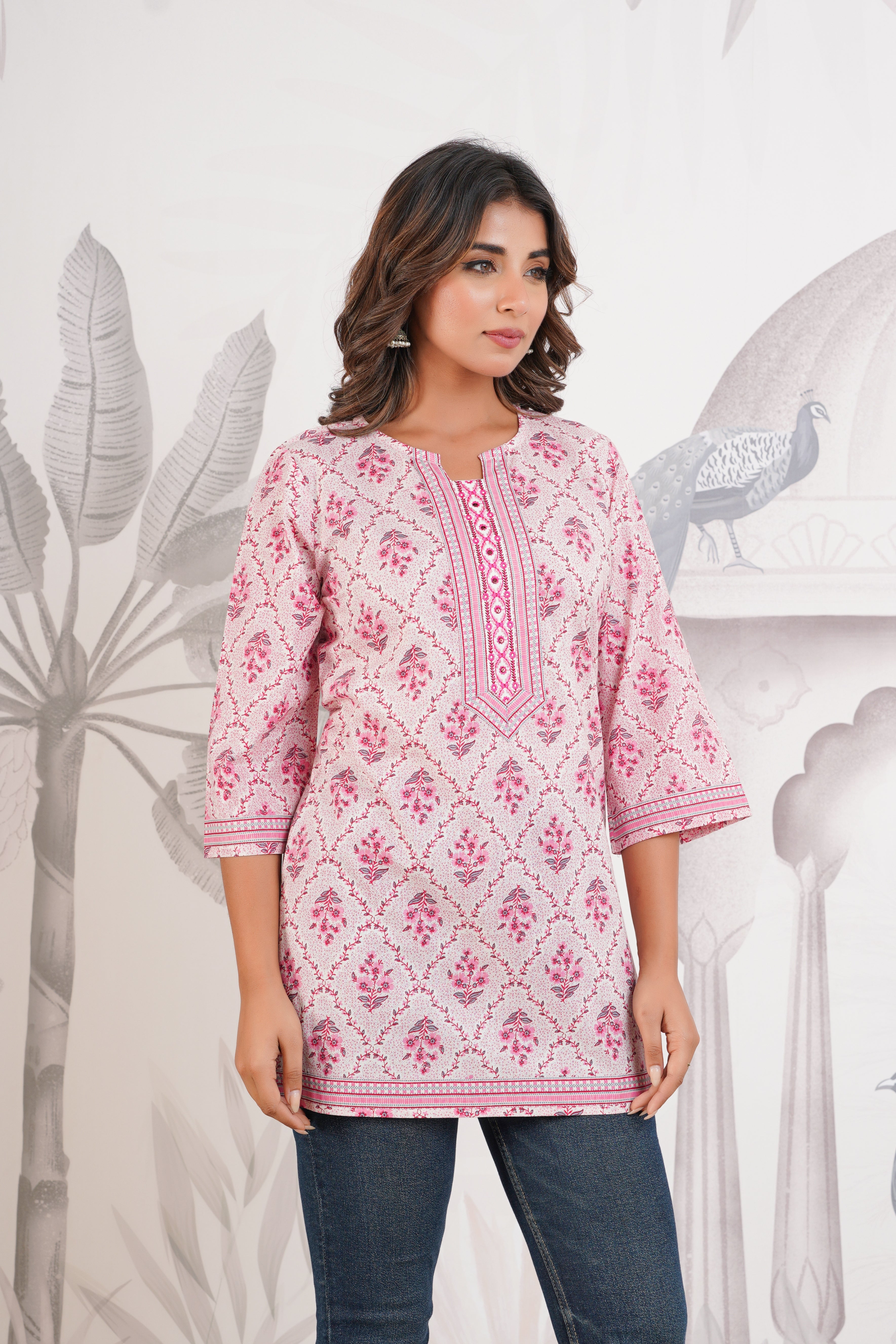 Pink Floral Printed Cotton Kurti