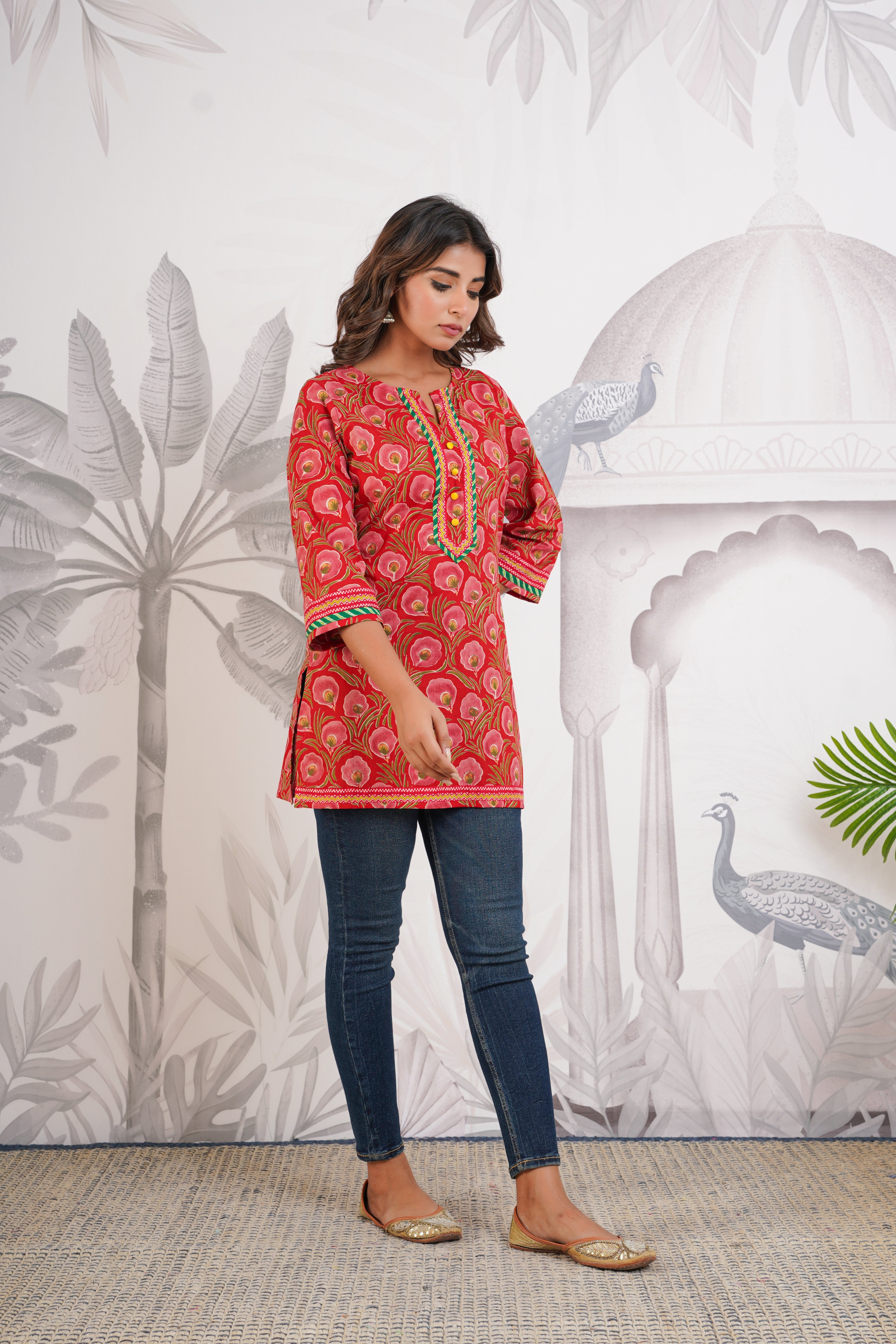 Red Floral Printed Cotton Kurti