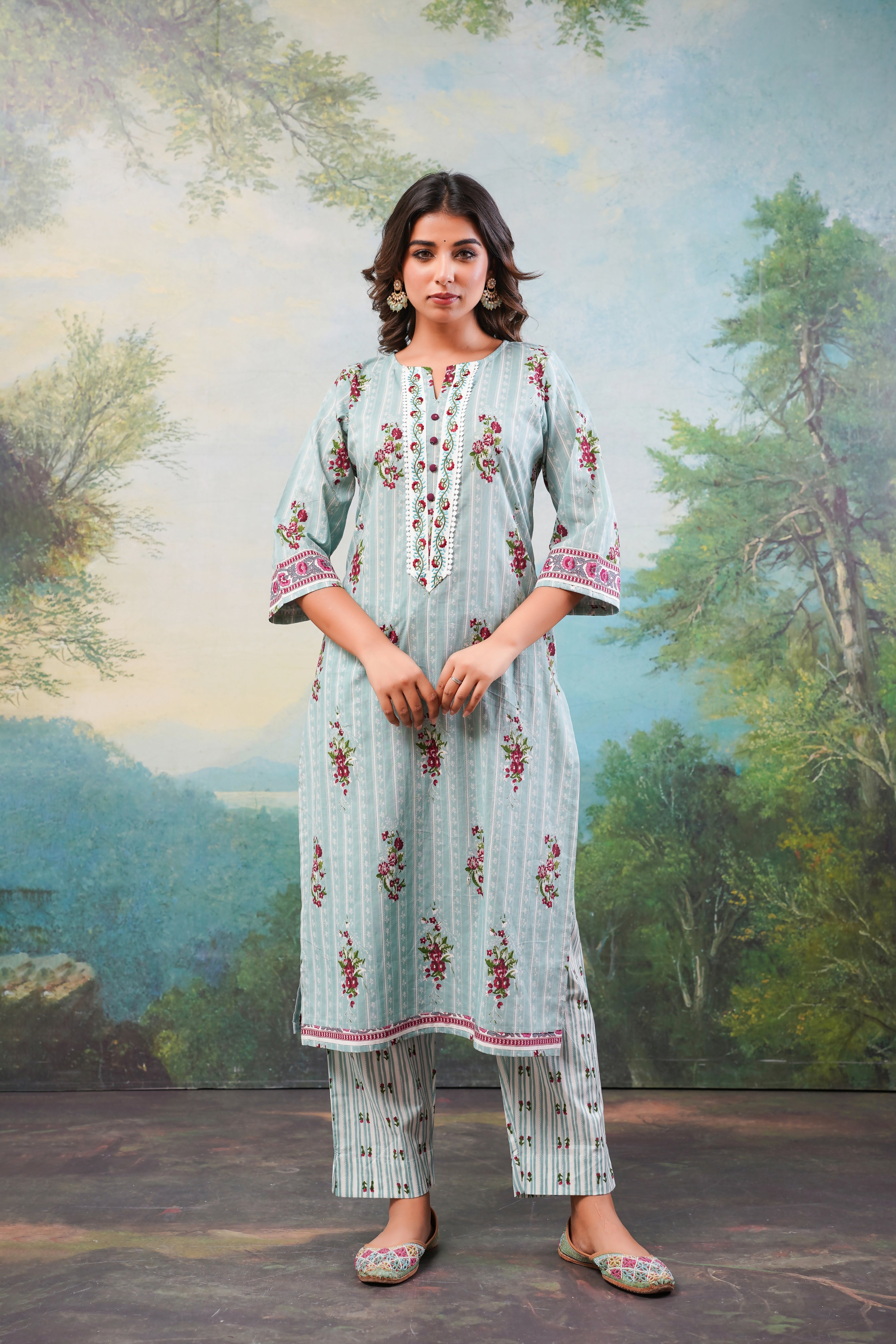 Blue Stripes  Printed Cotton Suit Set