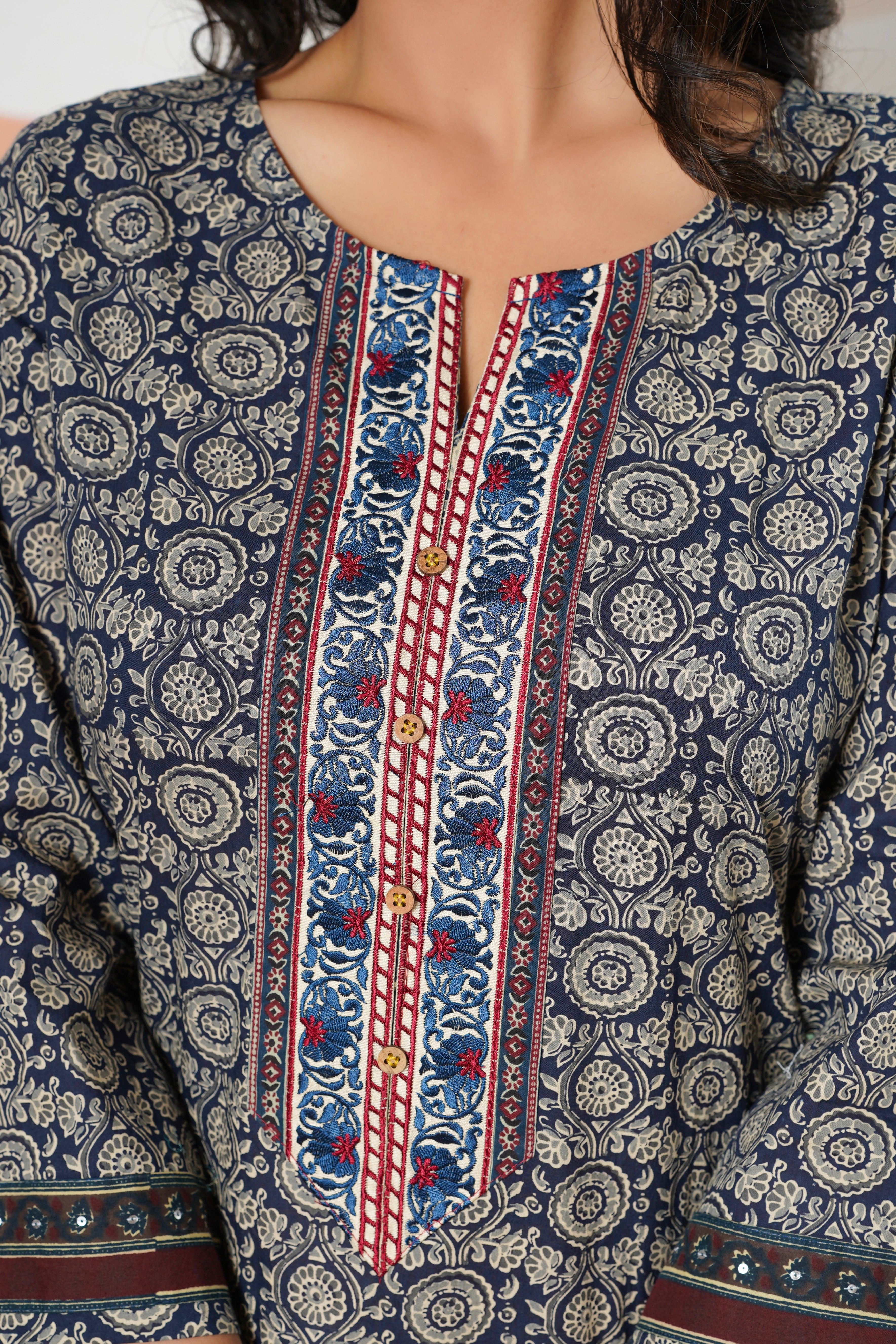 Blue Motif Printed Cotton Kurta